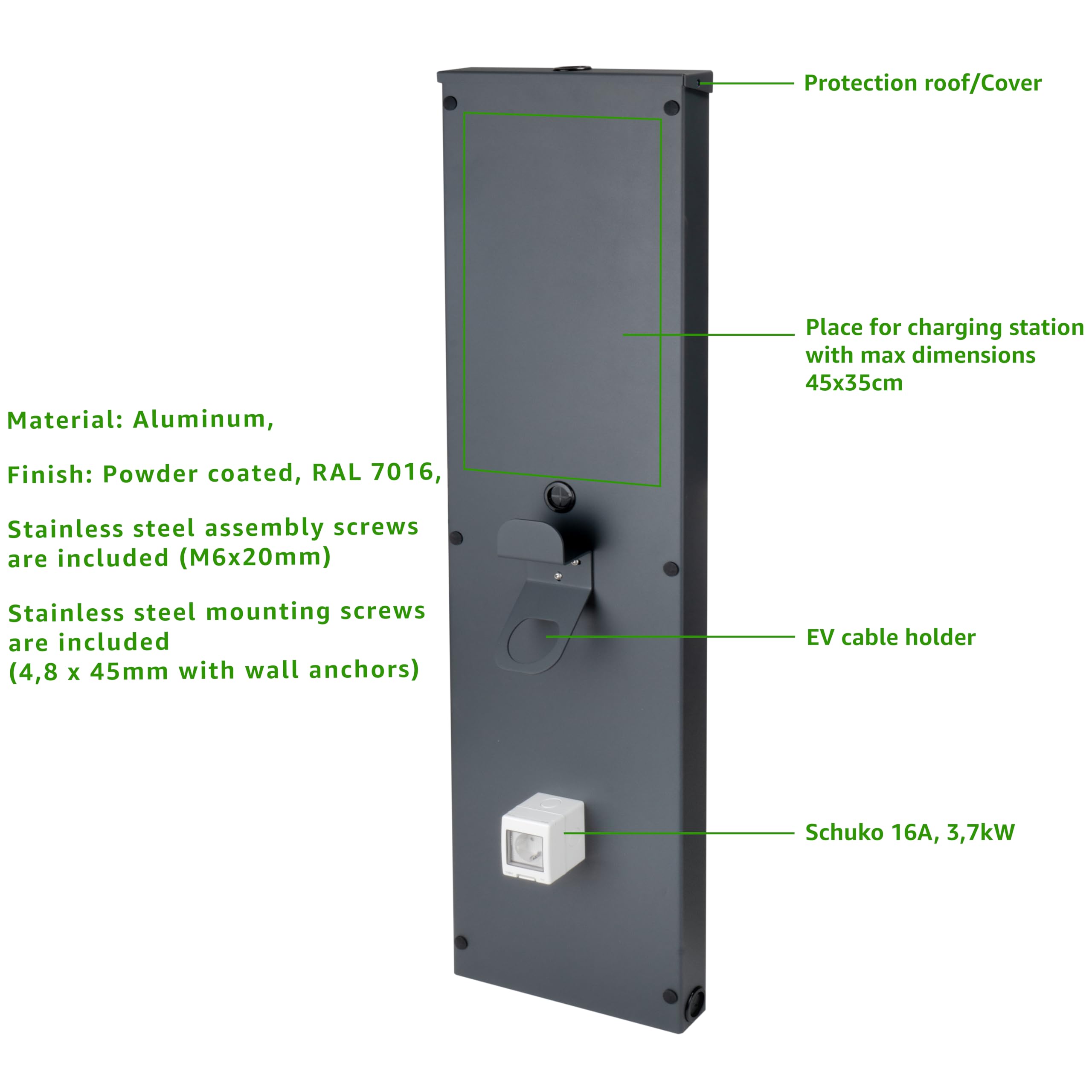 Uniwersalna kolumna ścienna z aluminium do stabilnej instalacji stacji ładującej i zorganizowanego miejsca ładowania do pojazdów elektrycznych, płyta ścienna do Wallbox (125 x 33 x 5,5 cm