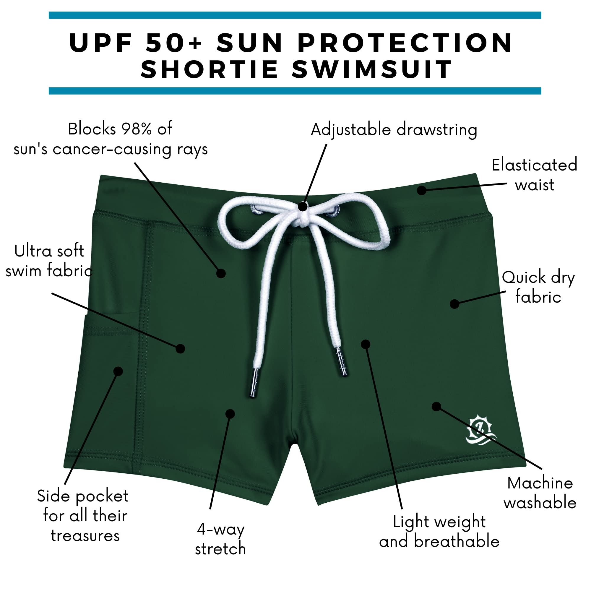 SwimZip Shorties - UPF 50+ Swim Shorts - Baby, Toddler, and Kids - Boys or Girls Hunter Green