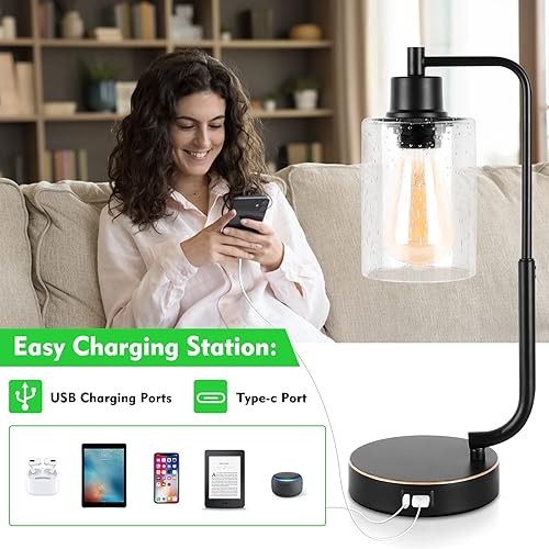 Miniatura 2 de Juego de 2 lámparas de mesa industriales con control táctil lámparas de noche con 2 puertos USB lámpara de mesita de noche regulable de 3 vías con