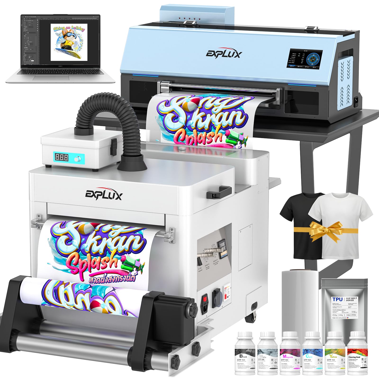 EXPLUX A3 DTF Printer XP600 Printhead C13 Bundle with Shaker Dryer, Laptop