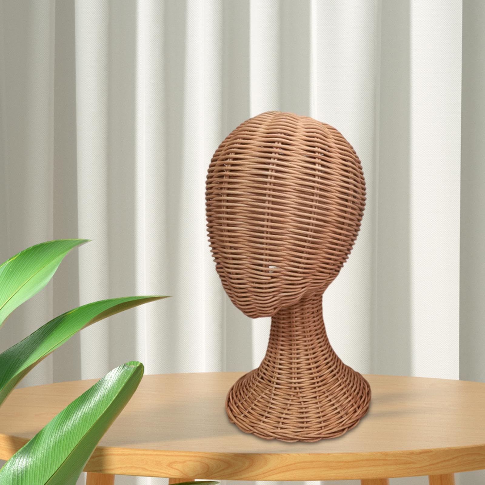 harayaa Tête de Présentation en Rotin avec Base Antiretournement, Présentoir à Chapeaux Multifonctionnel, Support pour Perruques Tressé Main, Base Stable, pour Vitrine, Magasin et Décoration Maison