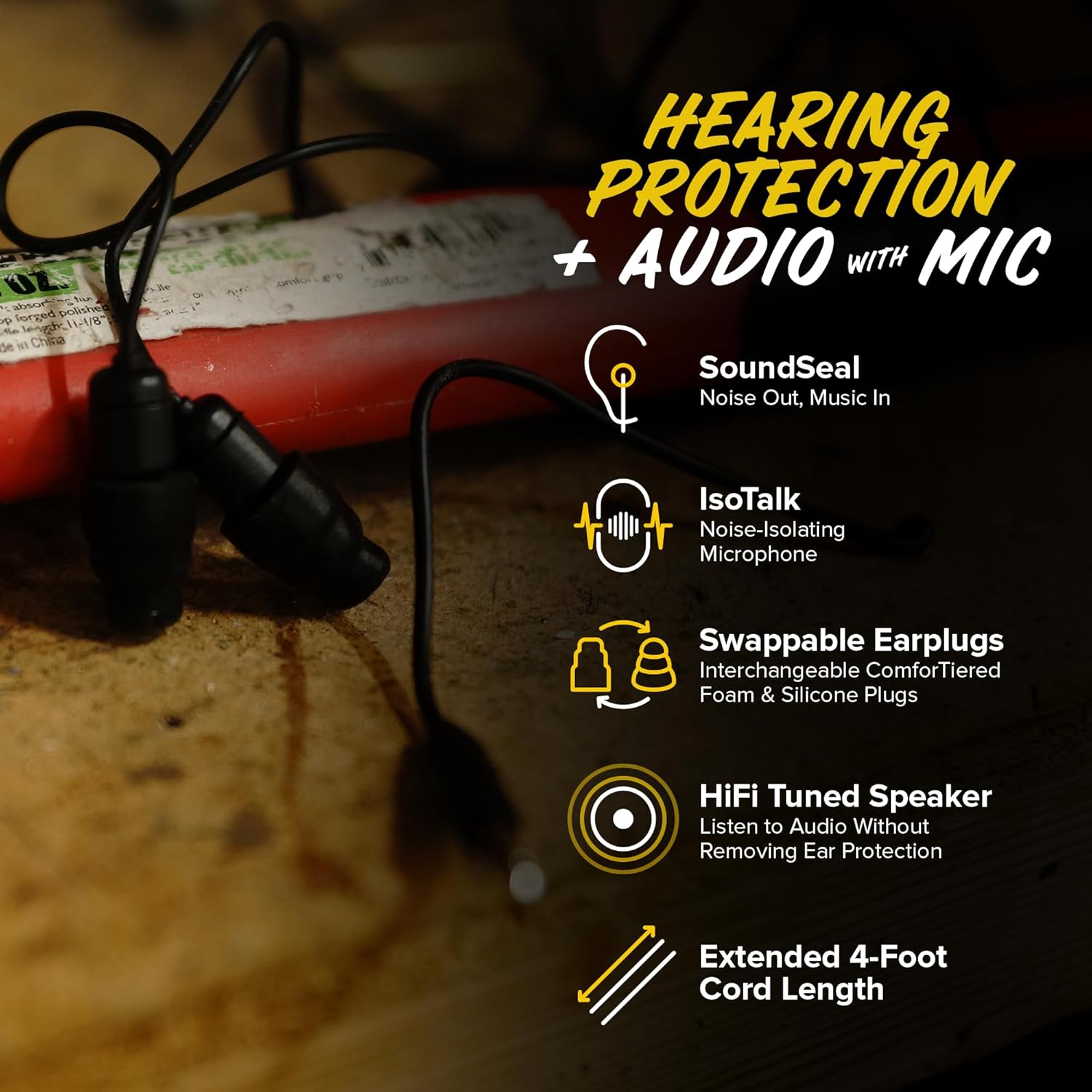 Plugfones Guardian Plus in-Ear Earplug Earbud Hybrid - Noise Reduction in-Ear Headphones with Noise Isolating Mic and Controls (Black)