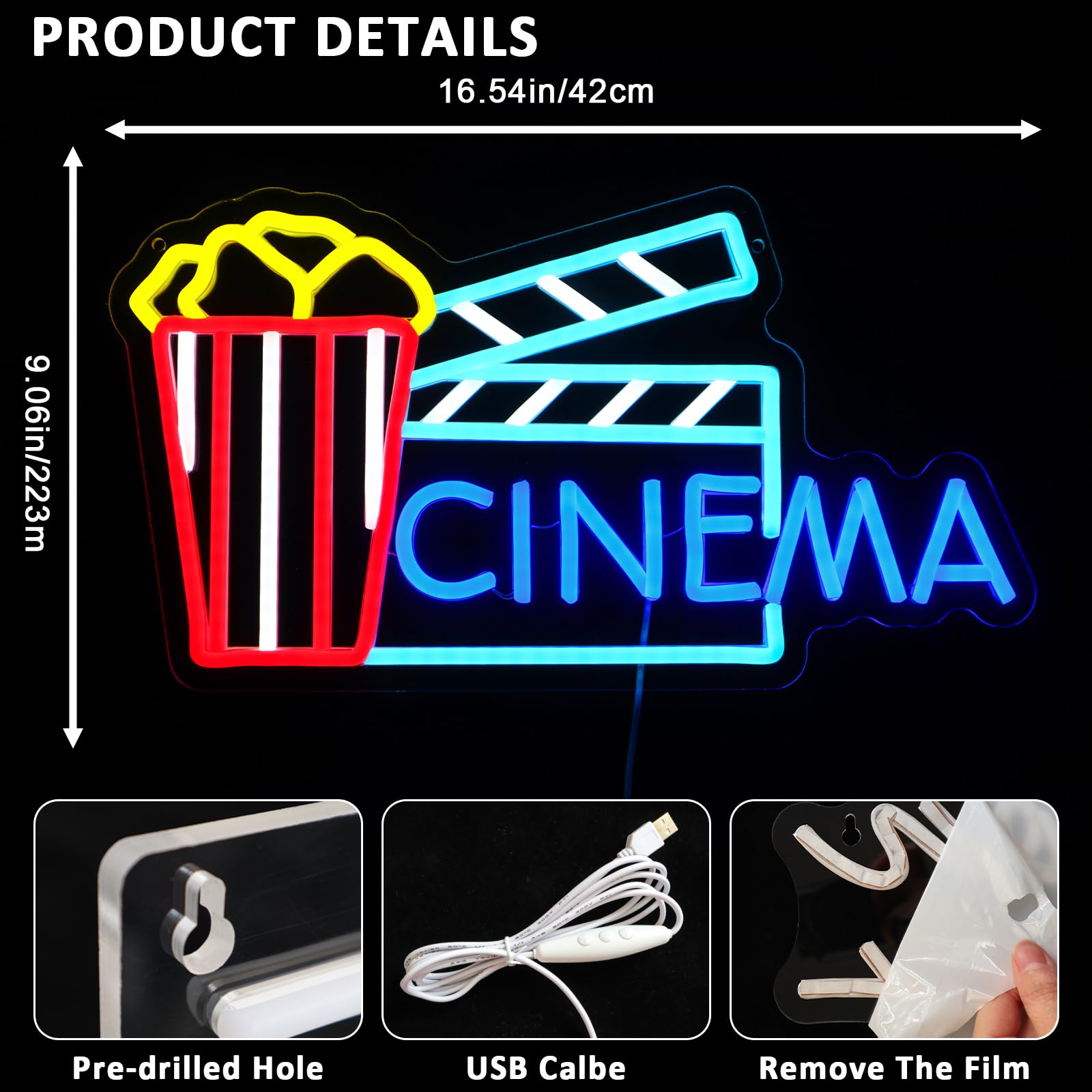 Insegna al neon cinema per decorazione da parete, segni a LED popcorn per film, luci al neon dimmerabili USB per teatro per casa, bar, film, festa notturna, uomo, grotta, snack, decorazione