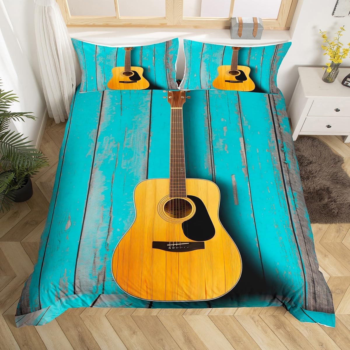 Feelyou 3D Guitar Comforter Cover Set Rock Music Theme Duvet Cover for Kids Boys Girls Wooden Scenes Bedding Set Country Style Bedspread Cover Bedroom Collection 3Pcs Queen Size