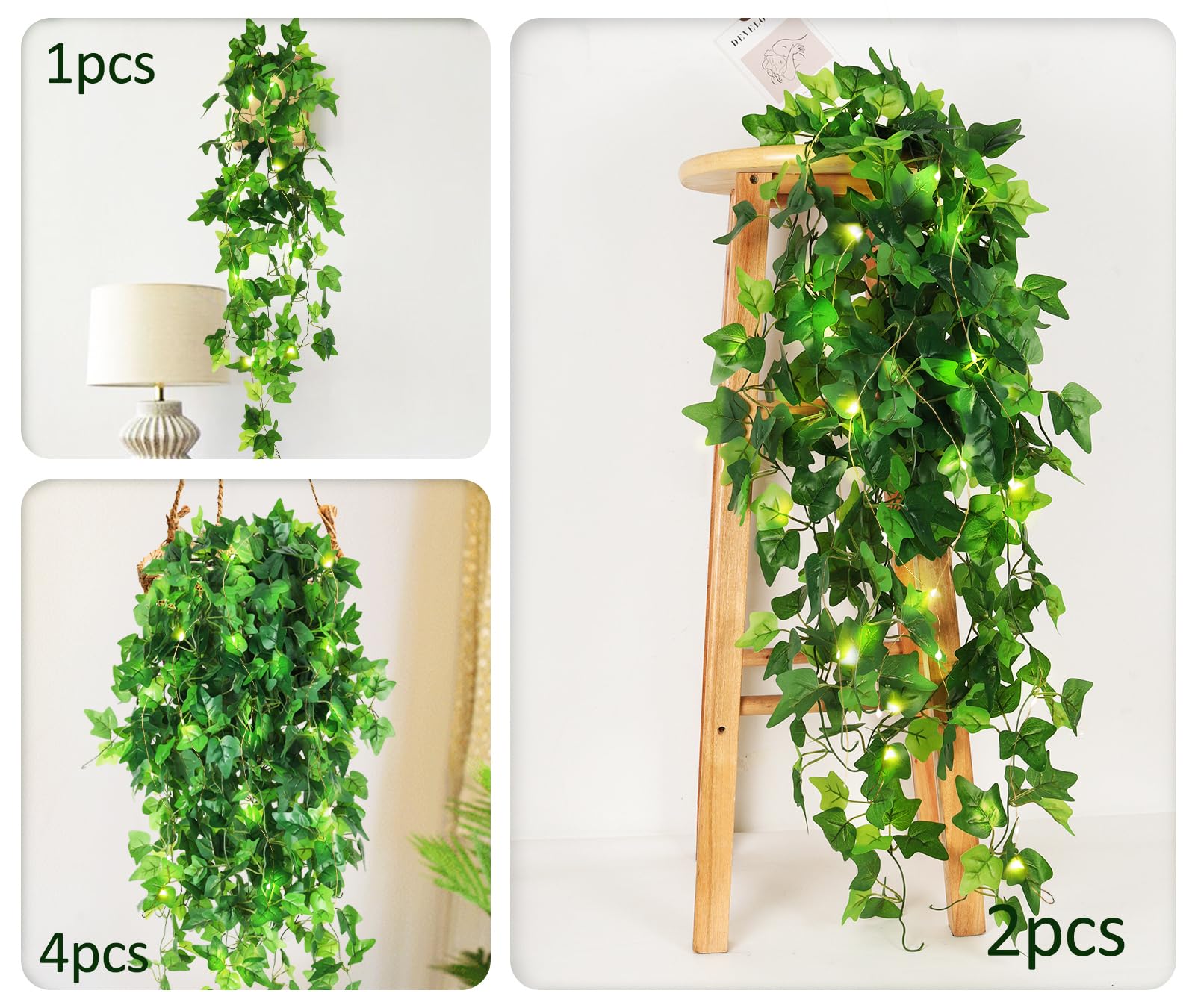 RECUTMS 4 Pack Artificial Vines Hanging Fake Plants Silk Ivy with 30 LED Fairy String Lights Indoor and Outdoor Home Garden Hotel Green Leaves Decoration - Image 3