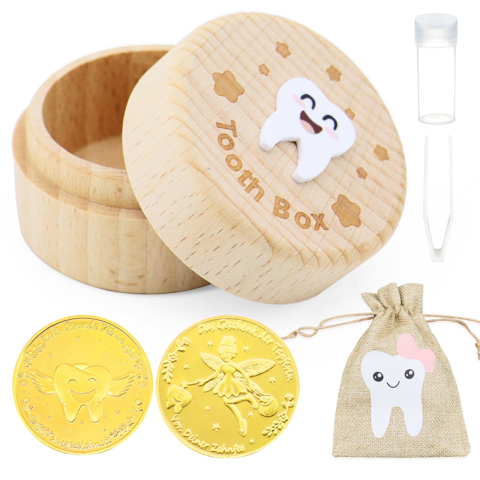 Tooth Fairy Box 3D Carved Wooden Tooth Fairy Box for Kids' First Lost Teeth 5-Piece Tooth Fairy Kit with Bag Commemorative Coin Tweezer for Lost Baby Teeth Memory Keepsake,Ideal Gift for Little Girls