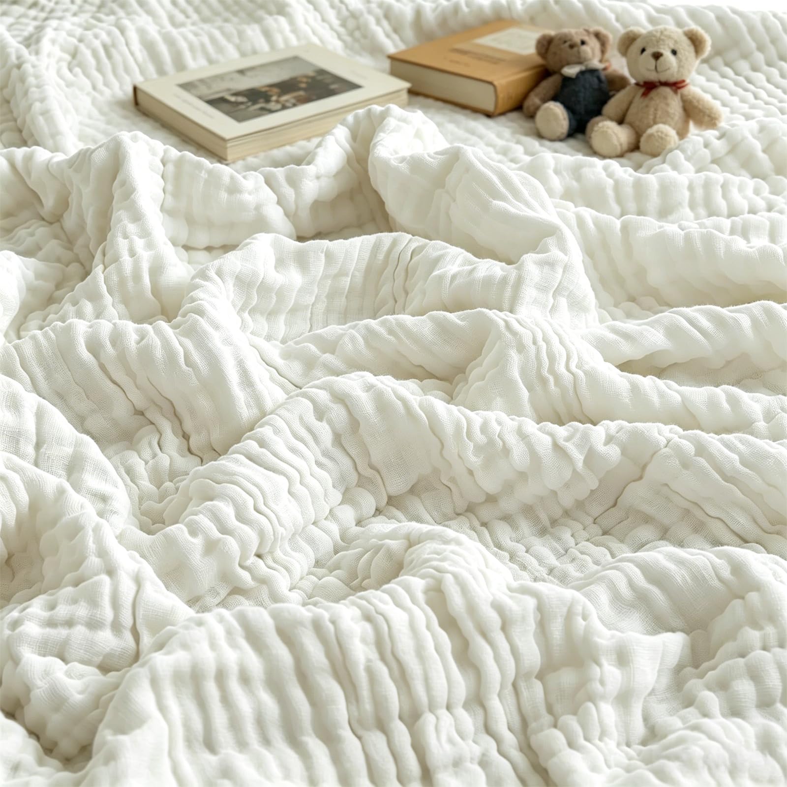 Musselin Decke 150x200 cm, Muselindecke Erwachsene 6-Lagige Atmungsaktive Weiche Baumwolldecke, Sommerdecke für Chlafzimmer, Wohnzimmer, Couch, Weiß