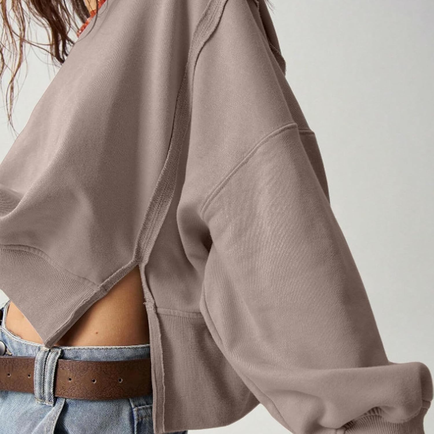 EGUGYDW Womens Crewneck Sweatshirts Cropped Long Sleeve Side Slit Loose Fit Teen Girls 2025 Fall Crop Pullover Tops - Image 3