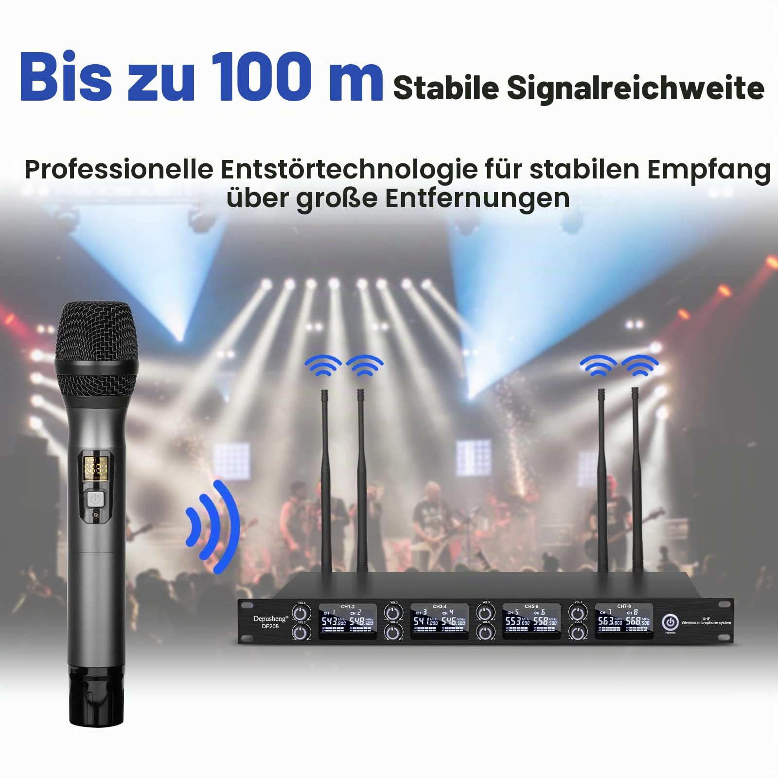 Depusheng DF208 UHF kabellos Funkmikrofon Set 8 Kanal professionelles dynamisches Handmikrofonsystem Metallgehäuse automatische Frequenzkopplung geeignet für Bühne Konferenz Hochzeit Bar