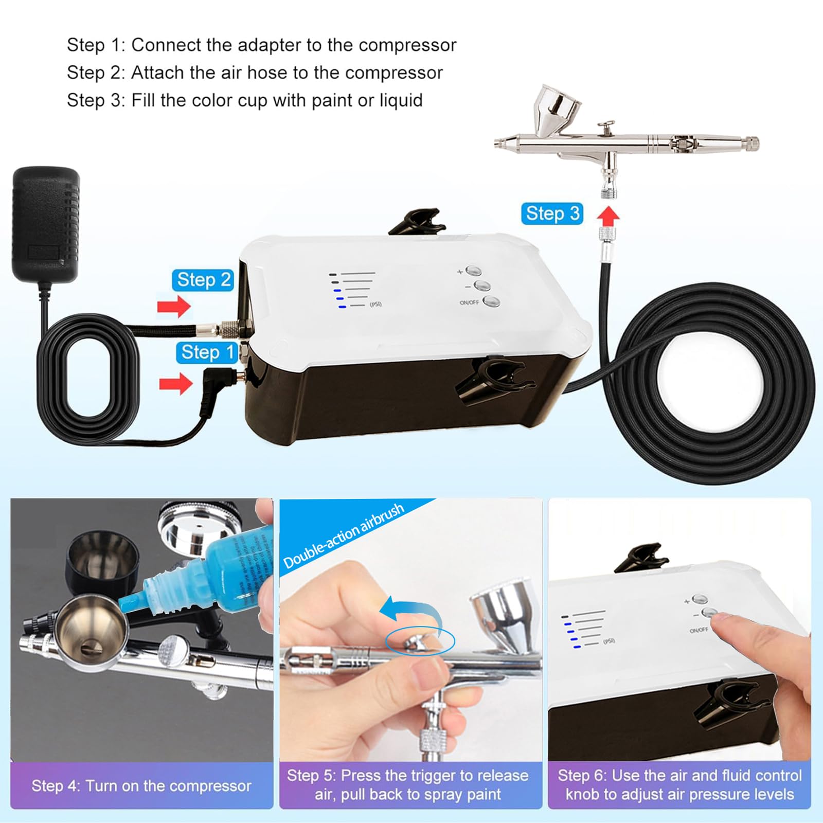 Kit de aerógrafo de 55 psi con compresor, 5 engranajes, para detalles finos a trabajos de gran área, compatibilidad dual con aerógrafo para eficiencia, ideal para decoración de pasteles de fondant
