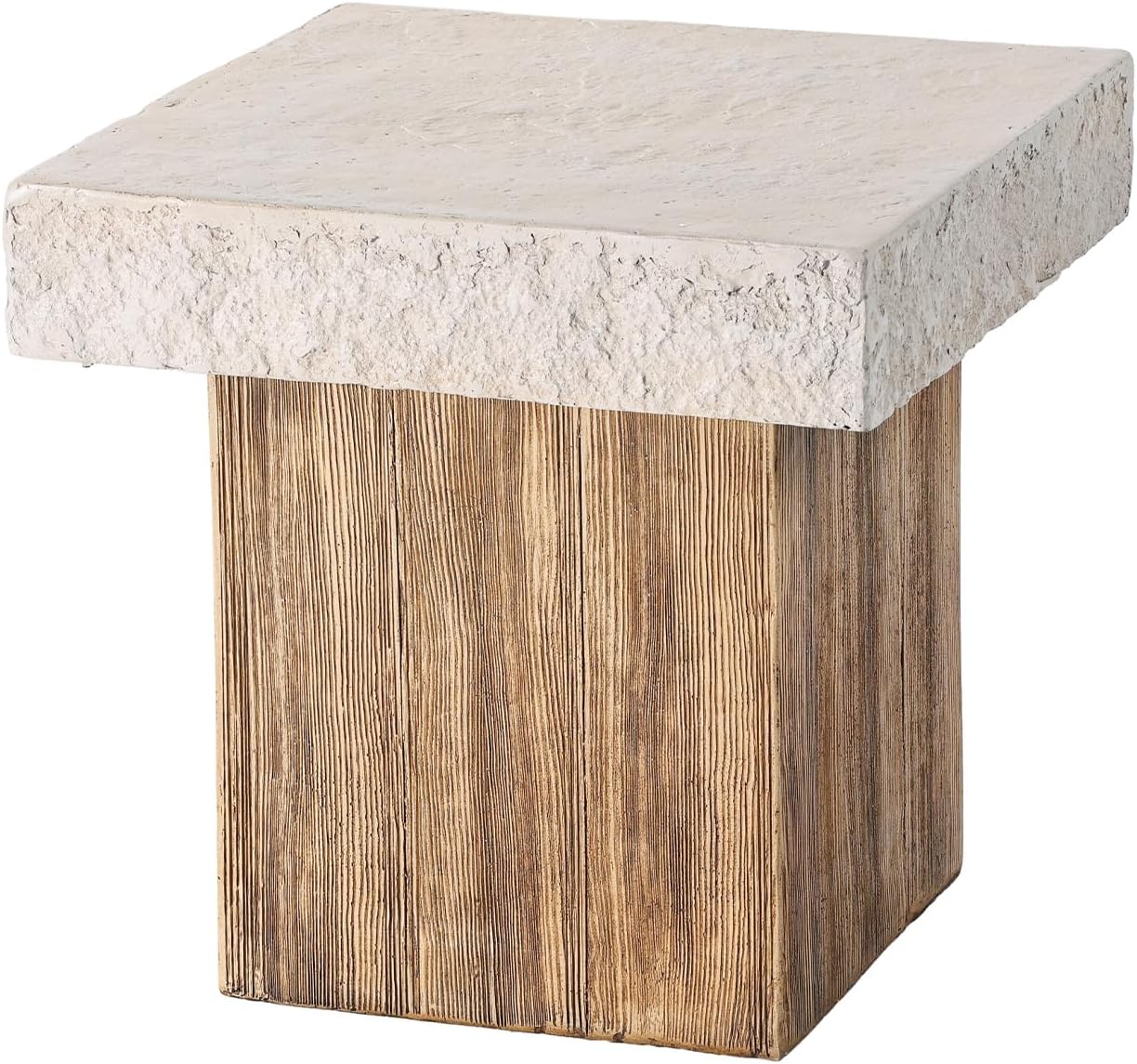 COSIEST Outdoor Medium Side Table, Patio Coffee Table, 19.7 inches Square MgO End Stool with Faux Wooden Pedestal Base,for Patio, Garden, Backyard, Antique Beige