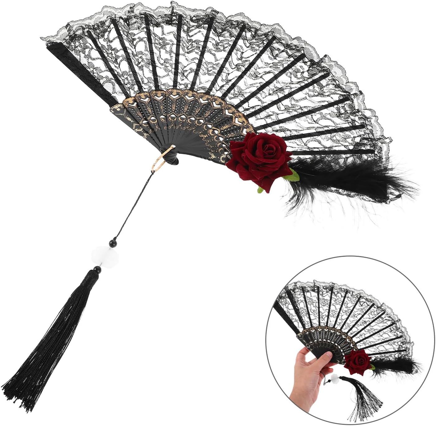 COLLBATH Vintage Victorian Lace Folding Hand Fan with Dark Plum Plume and Burgundy Rose, Retro Handheld Fan for Women’s Tea Parties, Weddings, Halloween Cosplay, Photo Props with Pendant