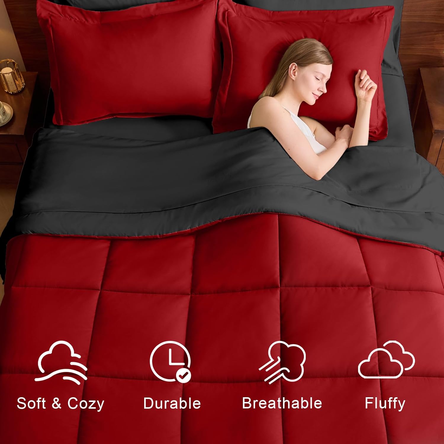 FUANNA Queen Comforter Set 7 Pieces, Reversible Queen Size Bed in a Bag with All Season Premium Comforter, Bedding Sets Includes Comforter, Flat Sheet, Fitted Sheet, Pillowcases & Shams, Red & Black
