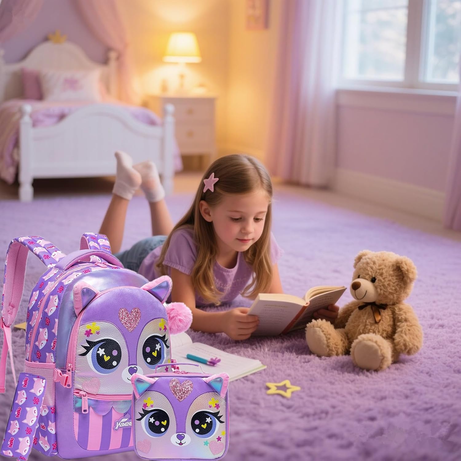 3PCS Girls Backpack Set with Lunch Box and Pencil Bag Cute Animal Print School Bag for Kids Lightweight Bookbag for Primary Student Back to School Essentials (13716-3 Purple)