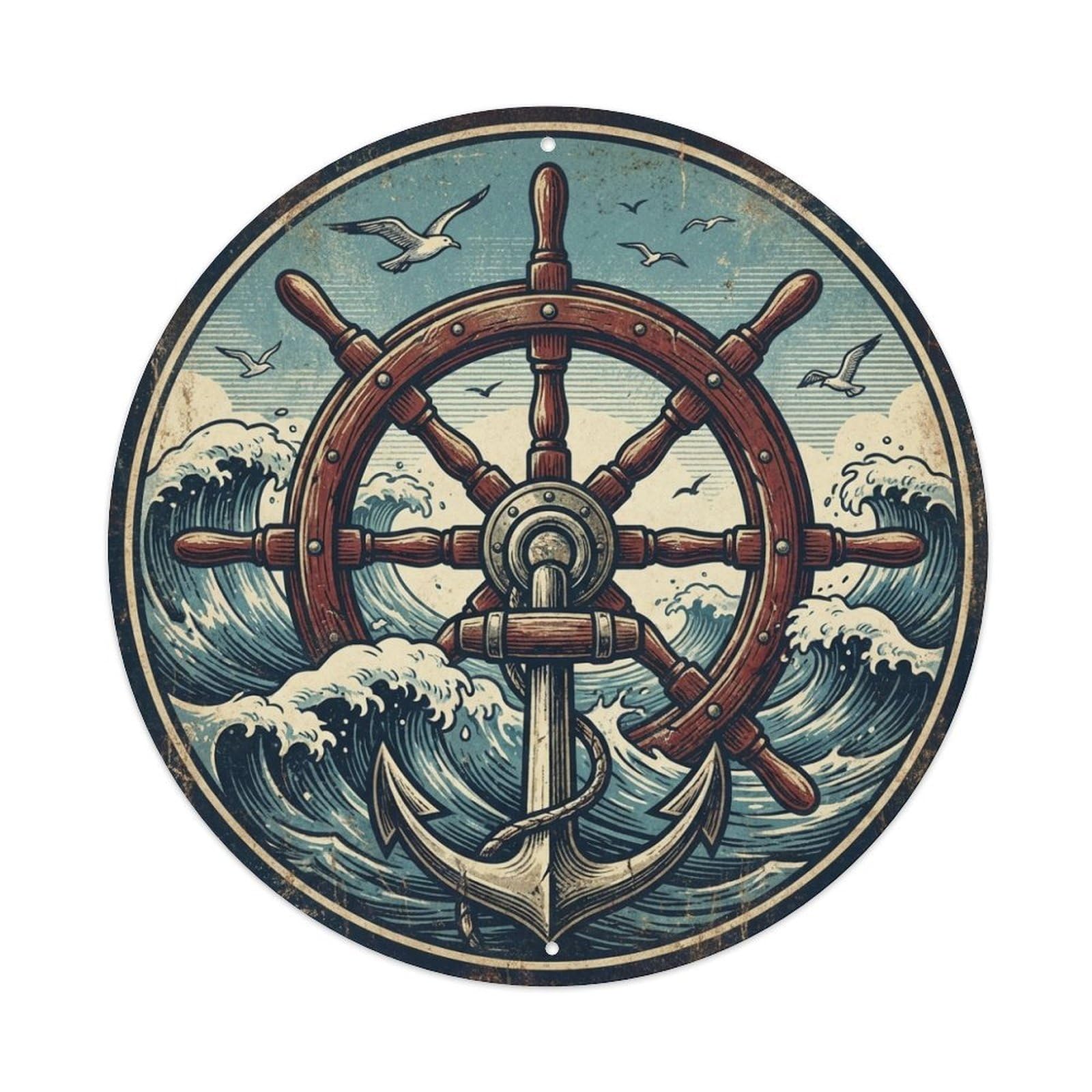 Maritime Label Ship Wheel Anchor Waves Seagulls Metal Tin Sign