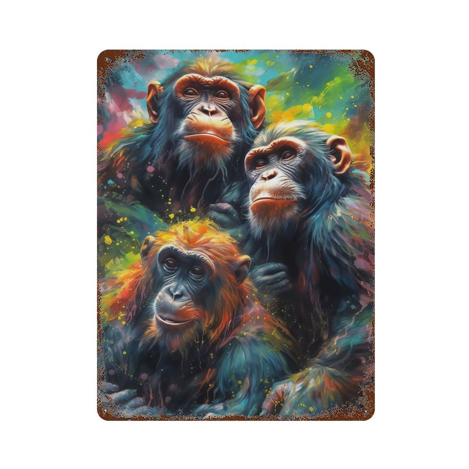 Rust Effect Monkeys Painting Rusty Metal Tin Sign 15.7"x11.8", Industrial Home Decor for Living Room, Hallway And Home Decor