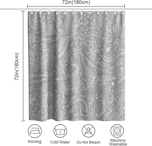 Miniatura 4 de Juego de cortina de ducha de tela con diseño de tortuga y pez ballena náutica, divertido juego de cortina de ducha con 12 ganchos, 72 x 72 pulgadas,