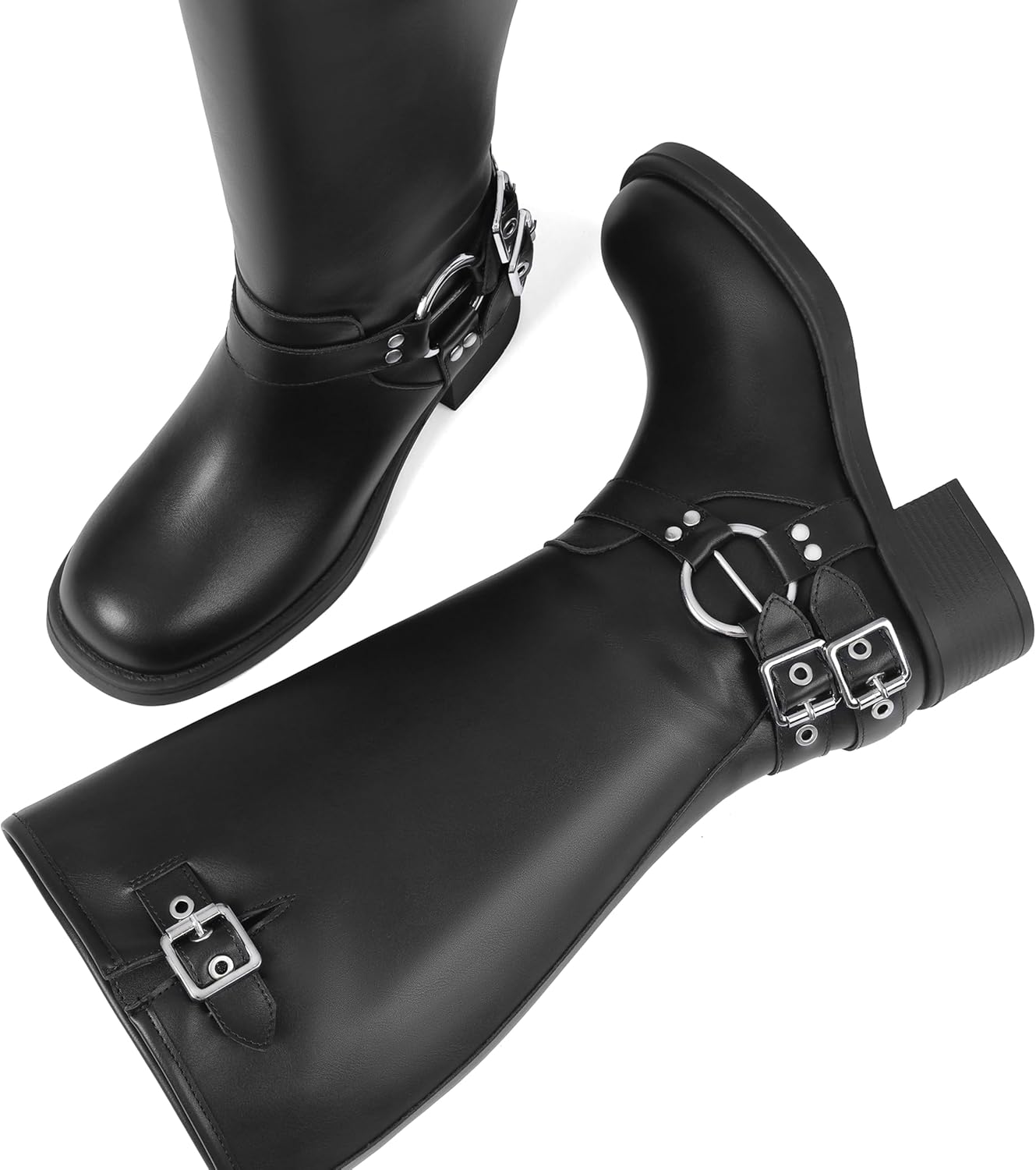 AMINUGAL Wide Calf Knee High Boots for Women Square Toe Pull On Chunky Womens Buckle Moto Boots Rivet Vintage Y2K Motorcycle Riding Biker Casual Fashion Festival Renaissance Combat Rave - Image 5