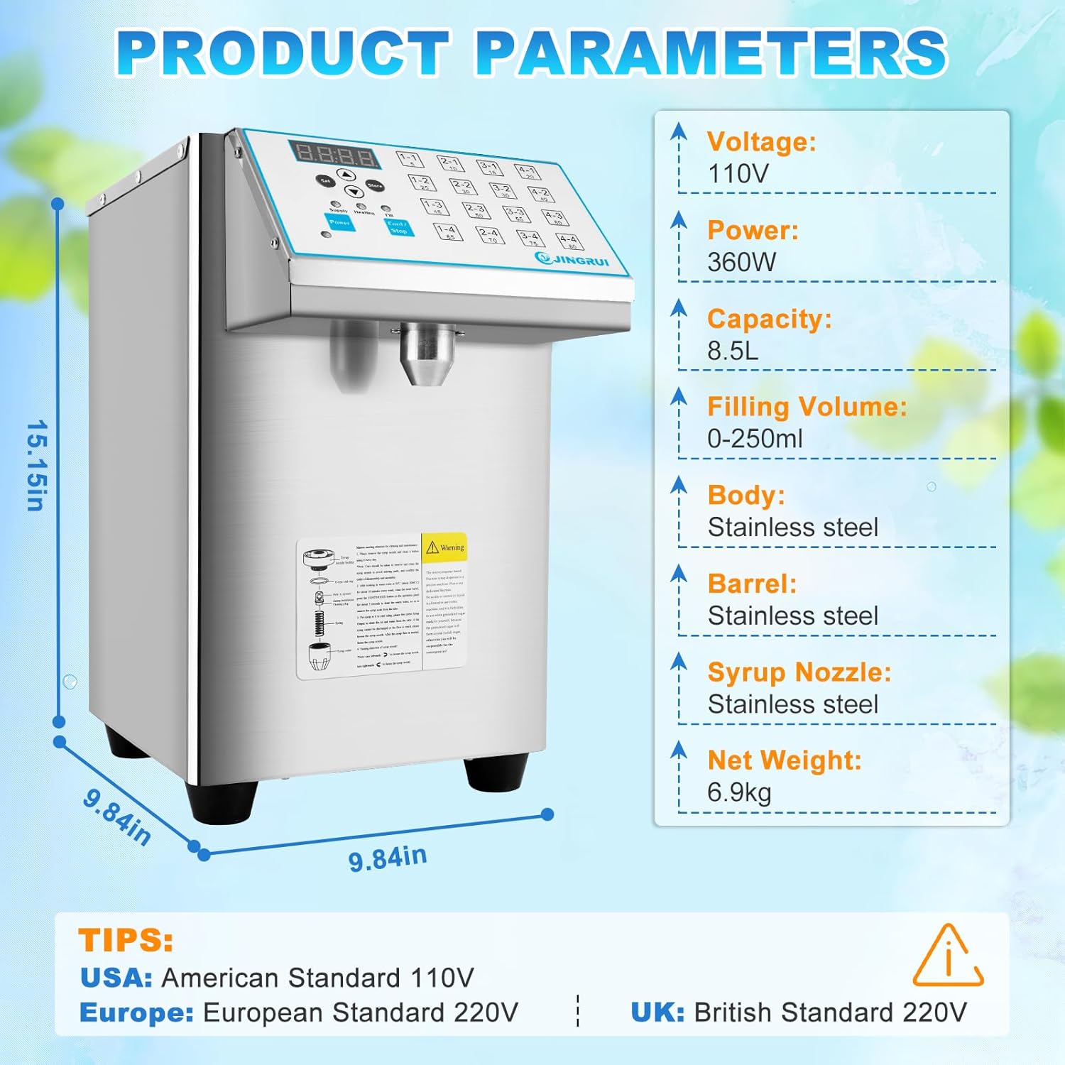 YJINGRUI Fructose Dispenser, Brushed Stainless Steel Fructose Machine, Syrup Dispenser Machine (8.5L 110V 16Groups)