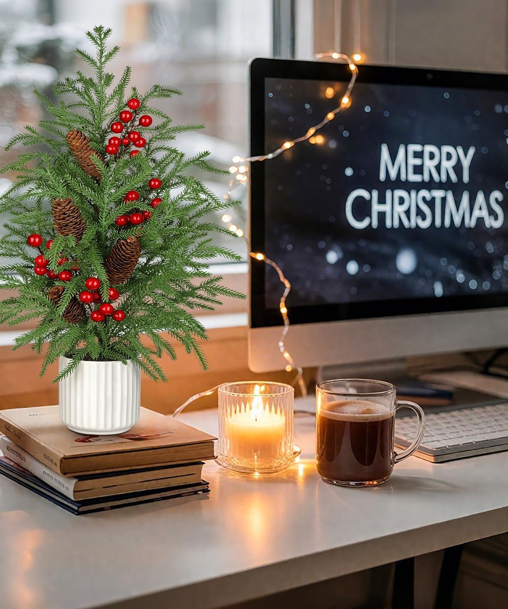 2 FT Artificial Norfolk Pine Tree, 24 inch Small Tabletop Christmas Tree Potted Christmas Trees Faux Pine Trees in Ceramic Pot Xmas Centerpiece Table Decorations for Indoor Outdoor Porch Dinner Table