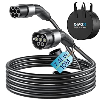 QIAO Type 2 EV Charging Cable7kw - 7.4kW 10M 32A Single Phase | Electric Vehicle Type 2 to Type 2 IEC 62196 EV Charger Cable, EVs/Plug-in Hybrid Fast Car Charging Cable with Carry Bag