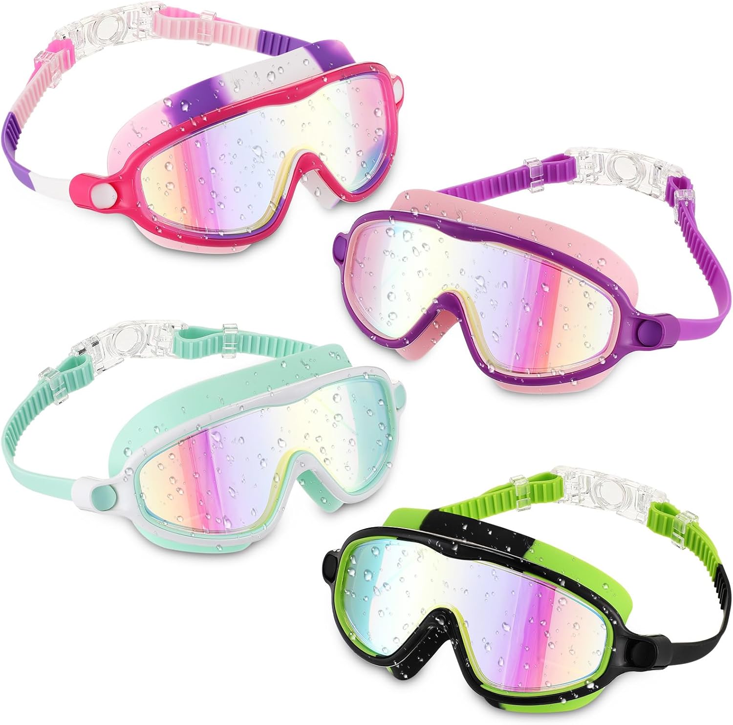 Flutesan 4 Pack Kids Swim Goggles Age 3-15 Antifog Wide View No Leaking Swimming Glasses with Adjustable Strap