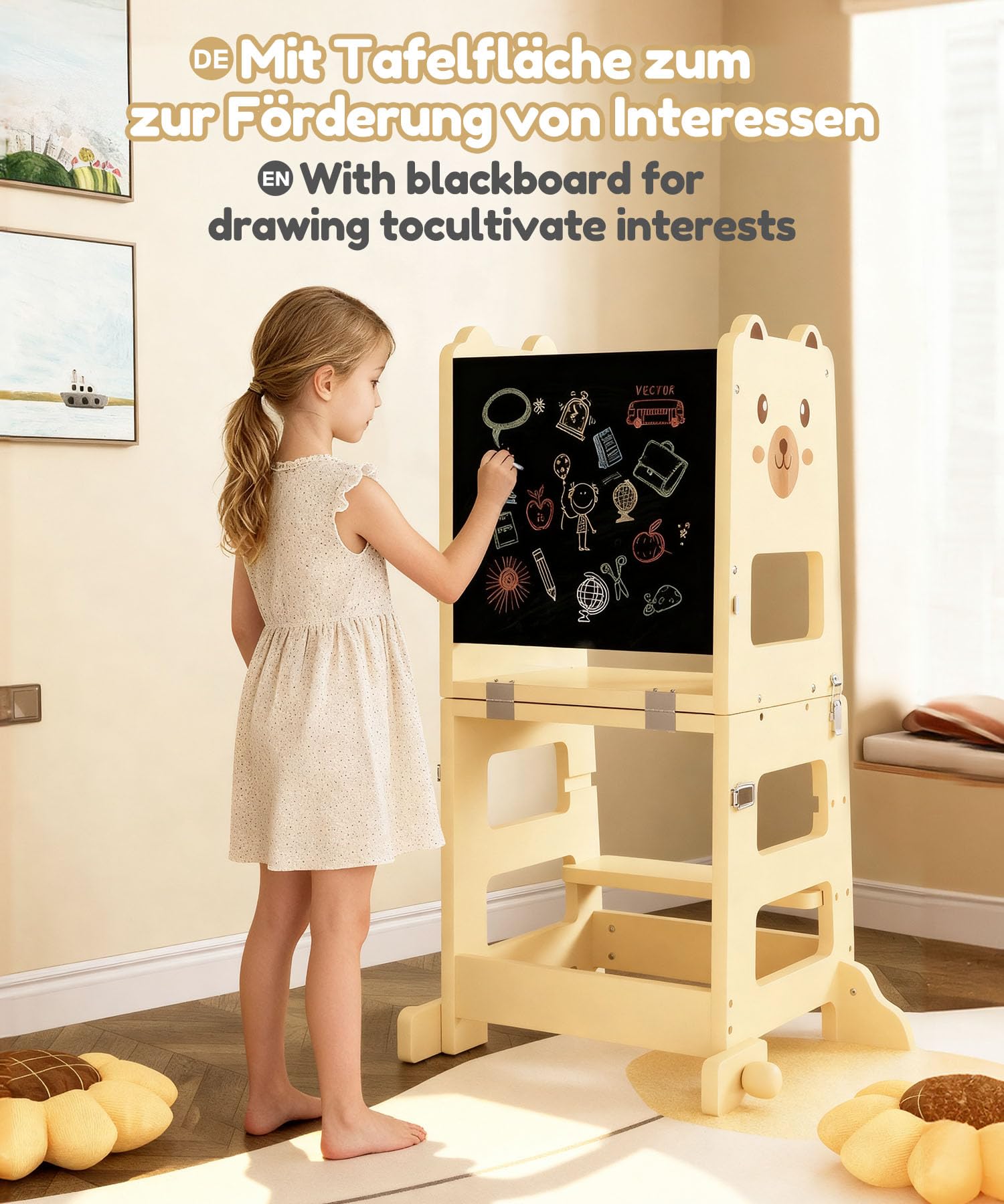 Yorbay Lernturm ab 1 Jahr Klappbar: 2 in 1 Montessori Learning Tower für Kinder mit Tafel - Tritthocker Verwandelbar in Kindertisch Lernstuhl - für Küche Bad und Kinderzimmer