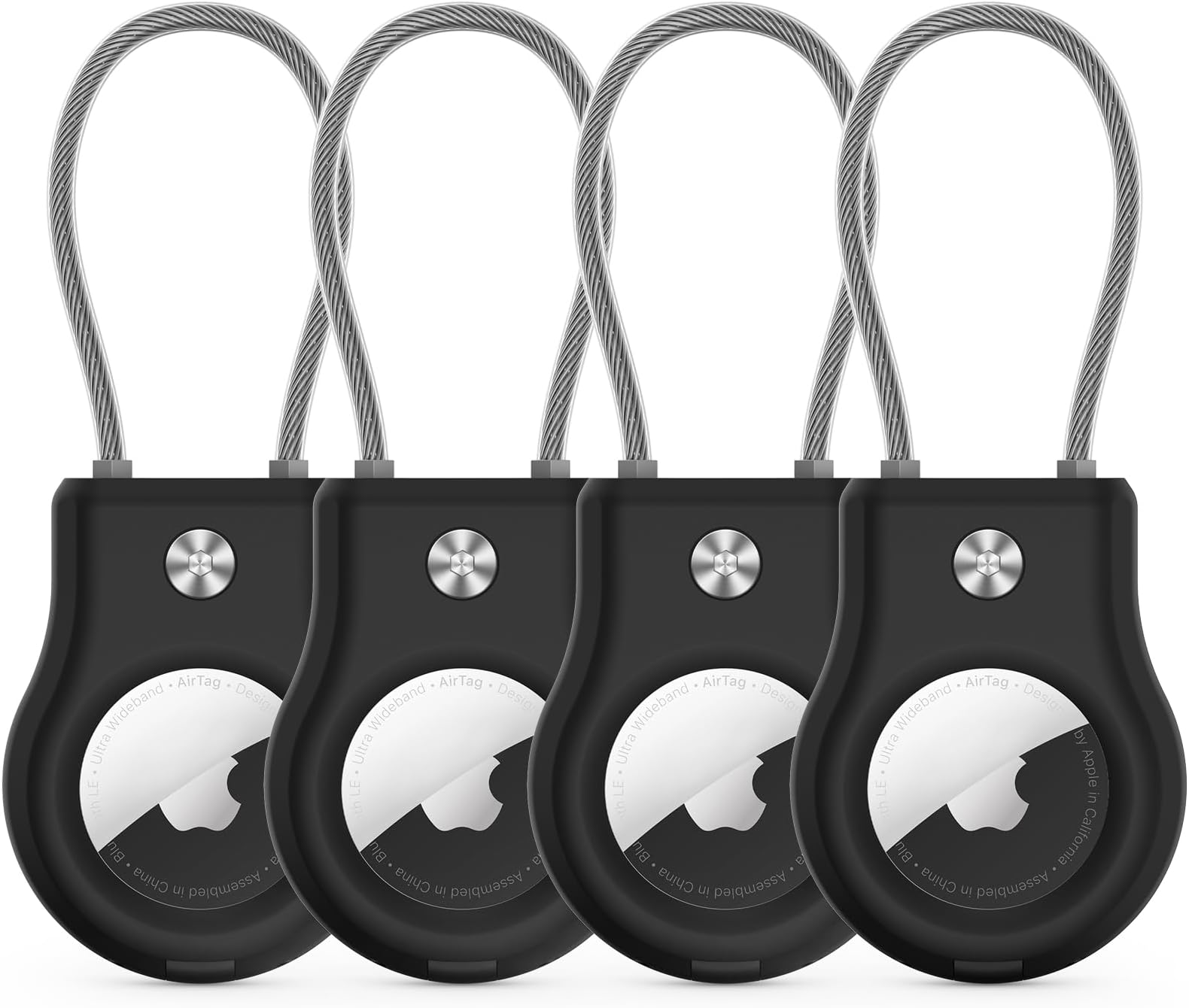 Air Tag Holder - (4 Pack) Air tag Lock Keychain with Wire Cable Compatible with Apple AirTag,Ultra Durable Anti-Lost Protective Case with Keyring for Luggage, Key, Backpack, Pet, Bag, Black