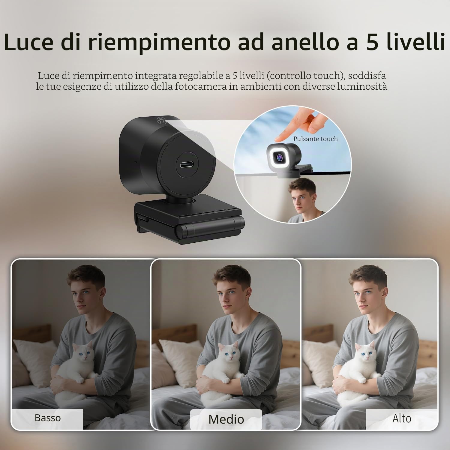 TOALLIN Webcam 4K con luce ad anello, telecomando, Autofocus PDAF, 12 milioni di pixel, doppio microfono integrato, zoom digitale 5X, webcam per streaming live/riunioni/videochiamate