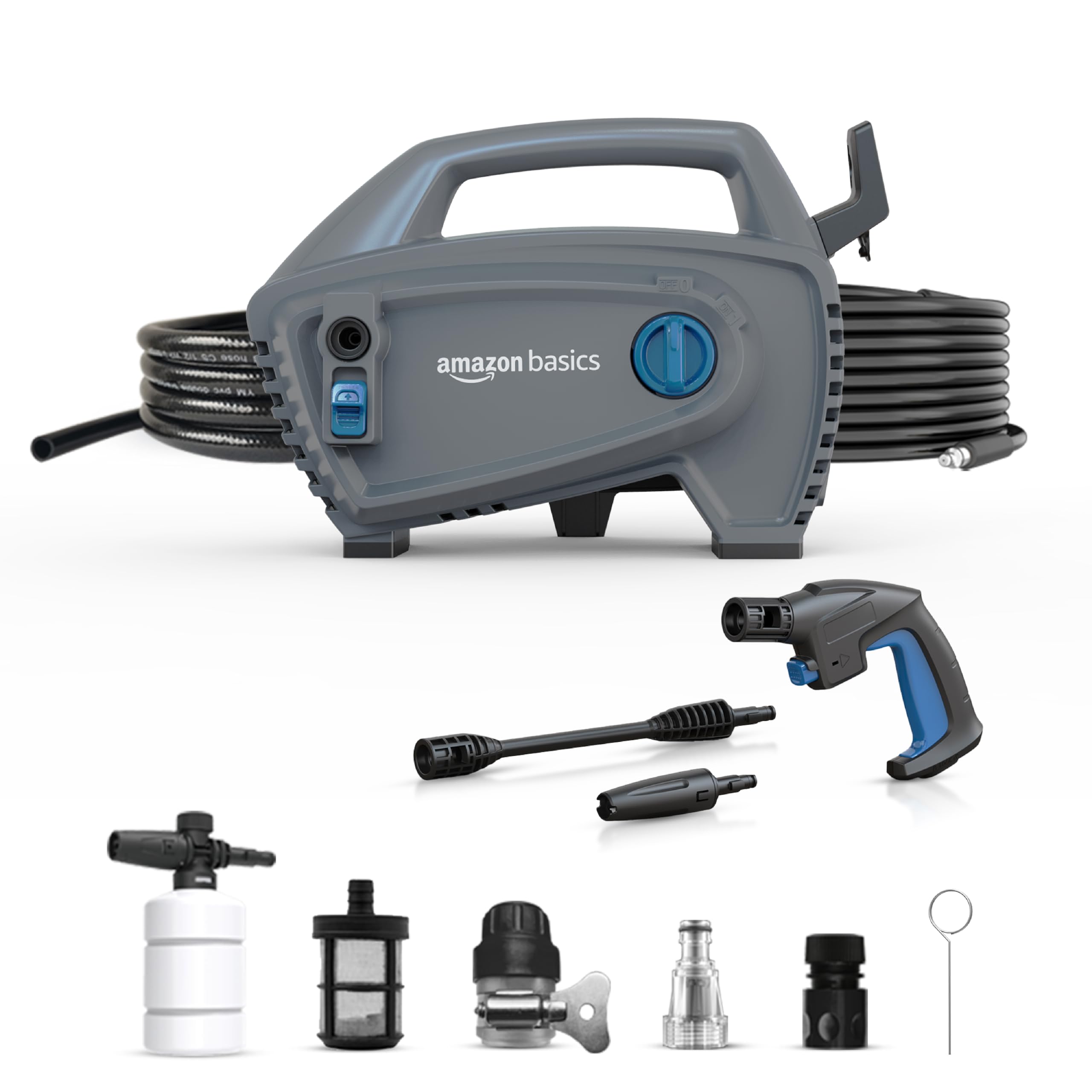 Amazon Basics Pressure Washer 1800W, 105 Bar, 6.5 L/min Flow, 5m Power Cord, 10m Hose, Copper Winding Motor, Auto Stop | Includes 8 Accessories | Ideal for Car, Bike, Home and Outdoor Cleaning