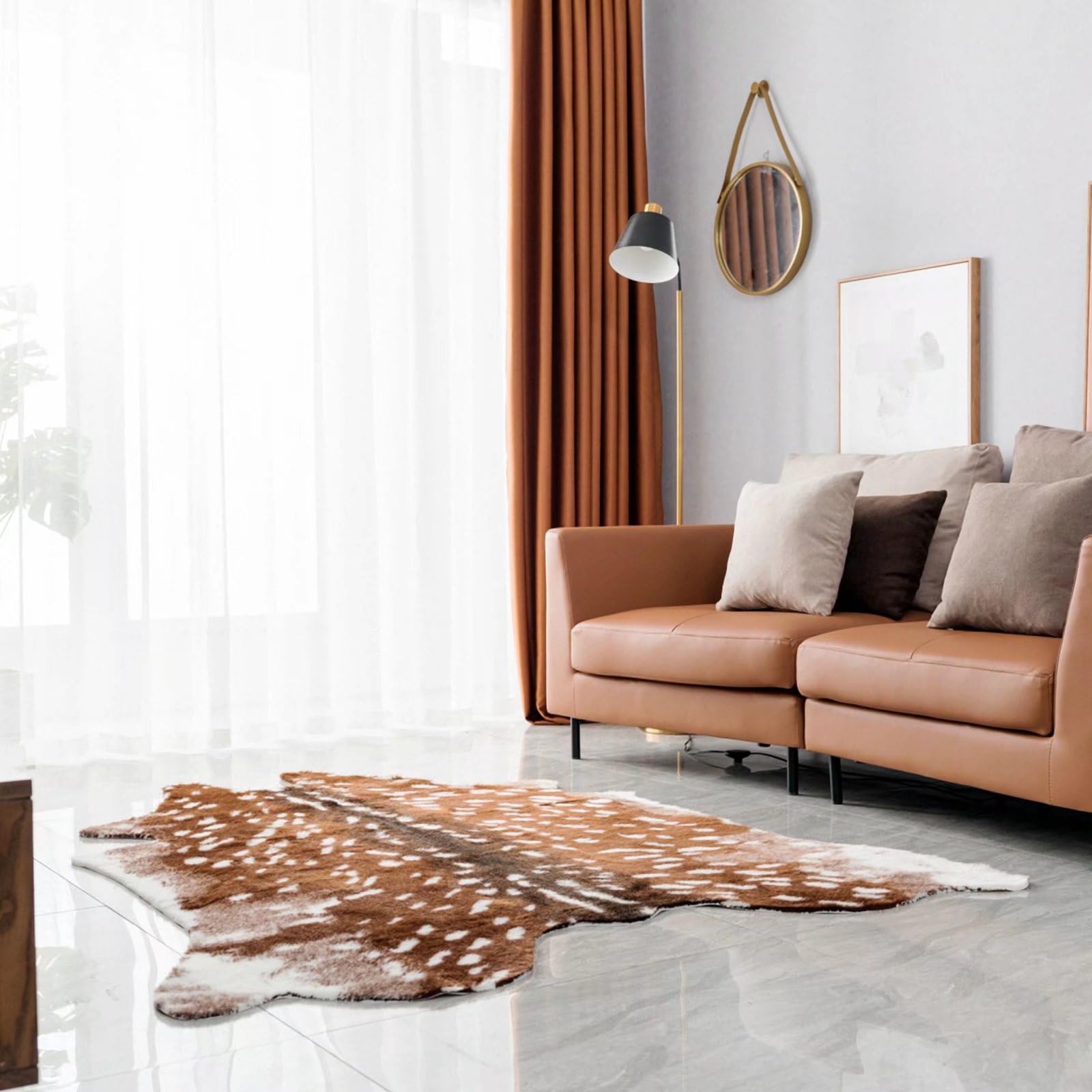 Grand tapis Sika en fausse fourrure avec imprimé cerf - 1,5 x 1,8 m - Blanc et marron