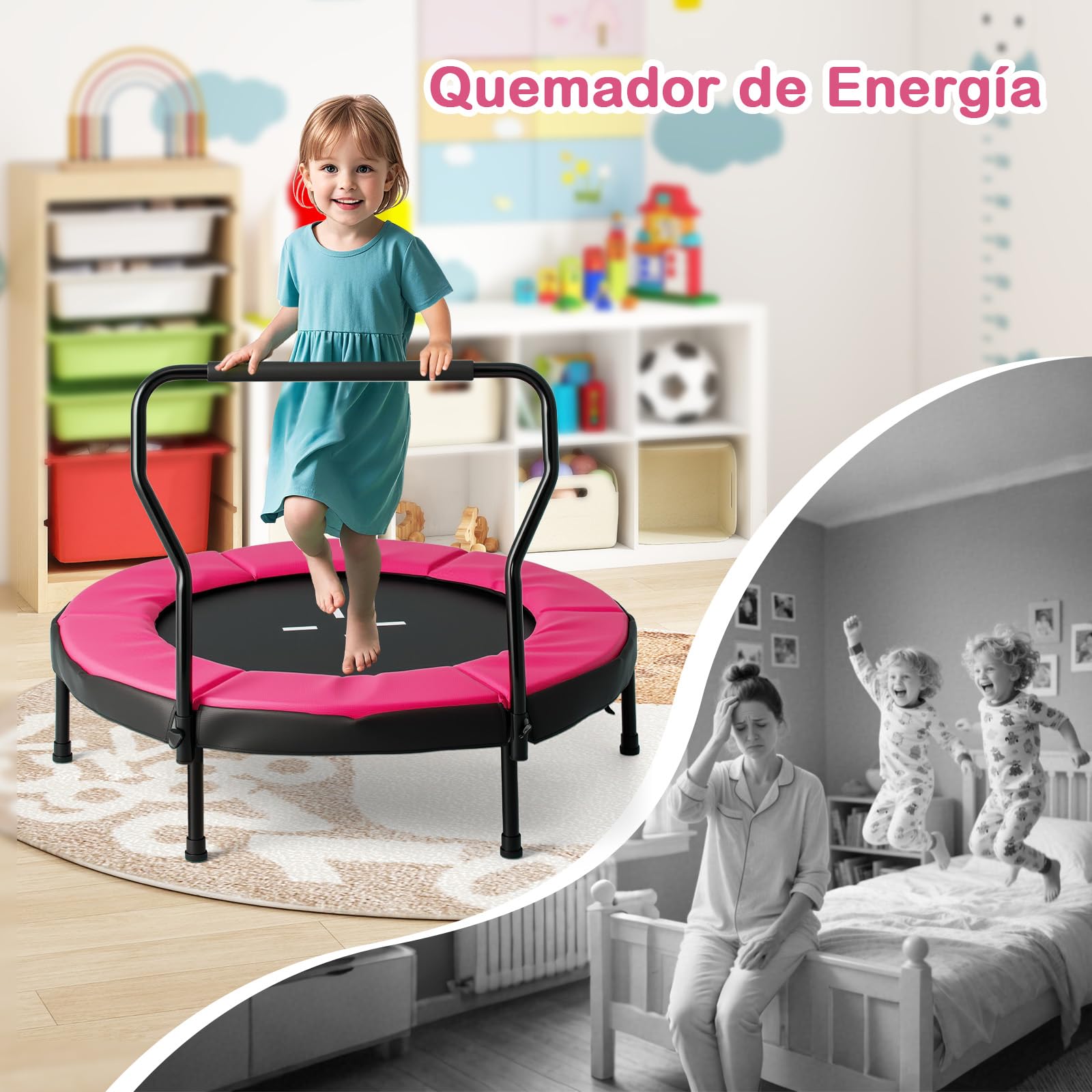 GYMAX Mini Trampolín, Cama Elástica Infantil con Barandillas, Pies Antideslizantes para Interior y Exterior, Niños de 3 a 6 Años, Capacidad de 100 kg
