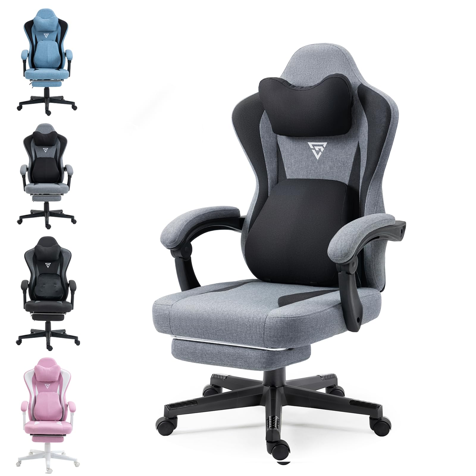 Silla de gaming con masaje calefactable con soporte lumbar, silla gamer de tela con funda, cojín y reposapiés, silla ergonómica para gamer, capacidad de carga de 150 kg, color gris