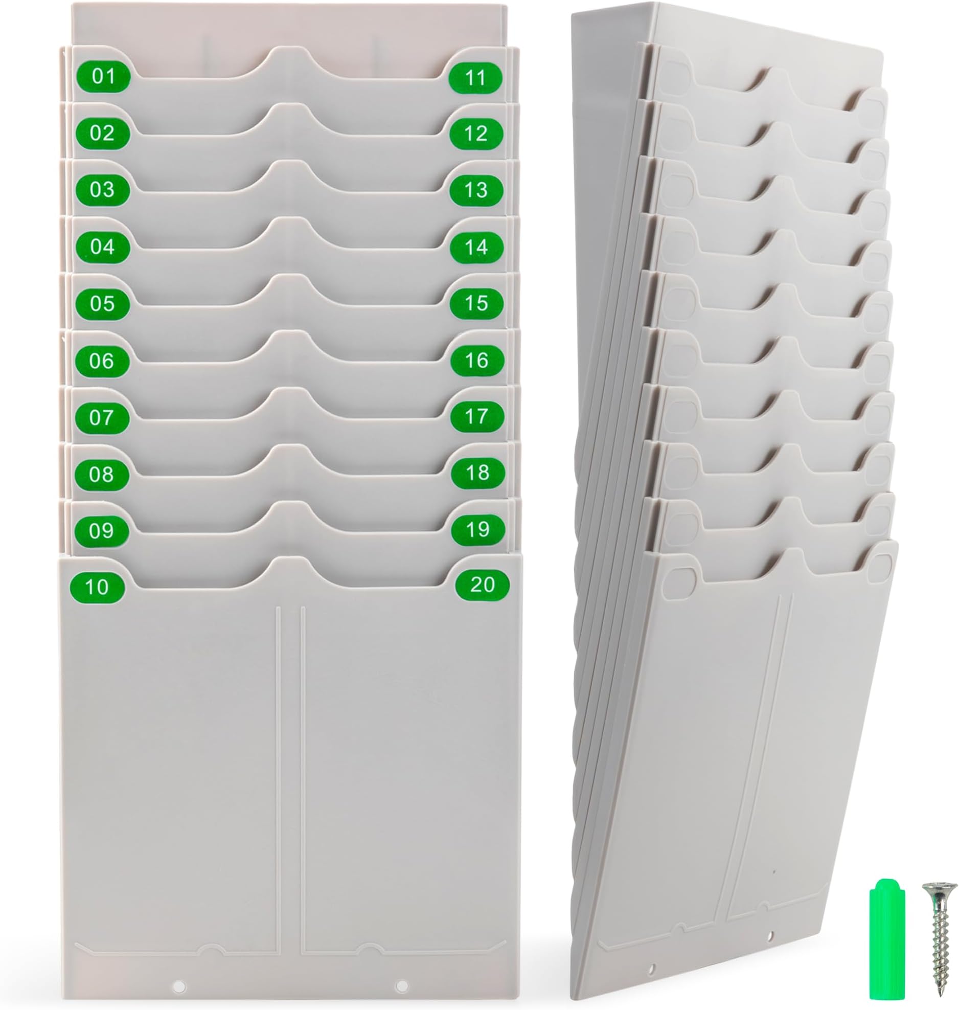 Volcora Expandable Time Card Rack 20 Pockets, Time Card Holder Wall Mount with 20 Number Stickers and 2 Screws, for Attendance Recorder