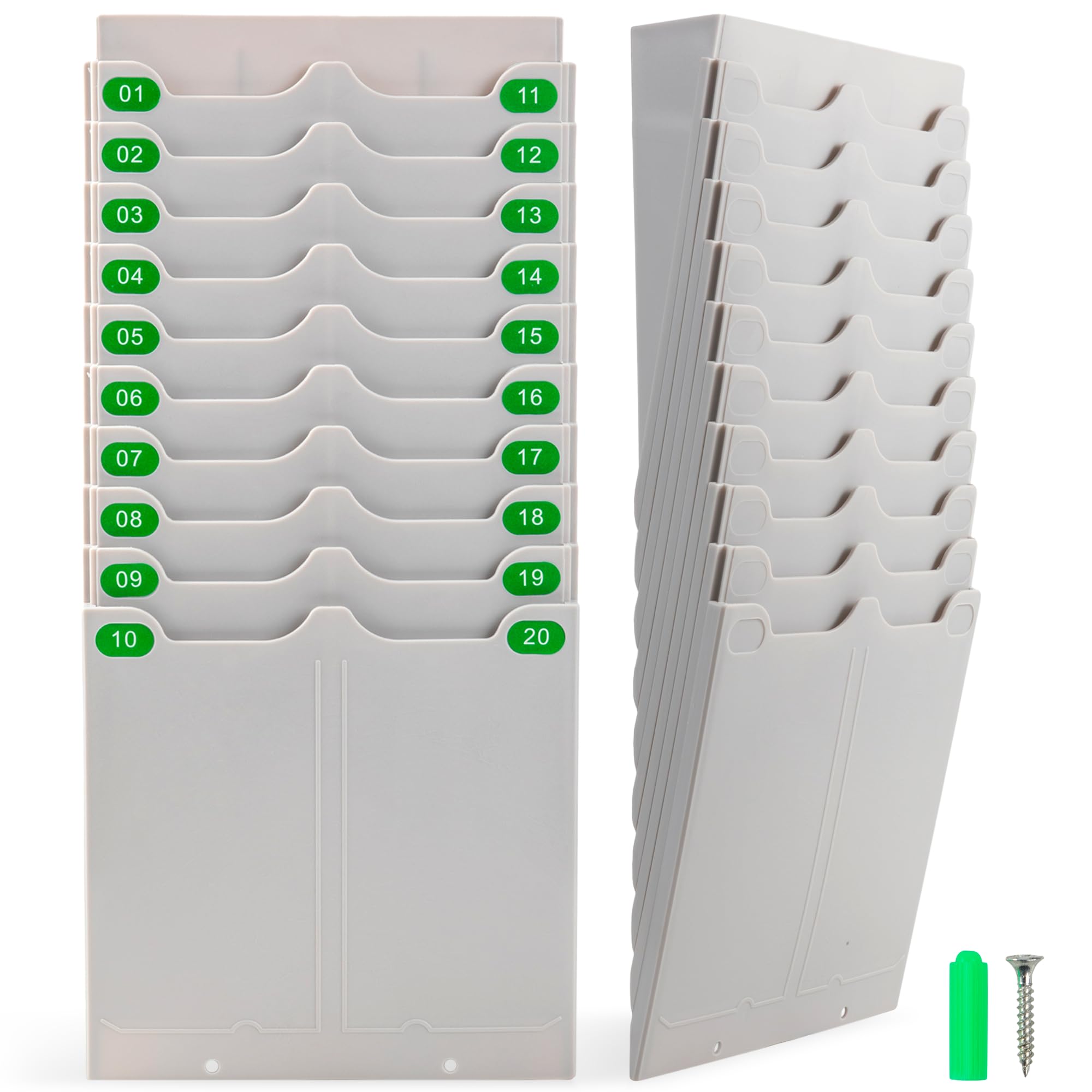 Volcora Expandable Time Card Rack 20 Pockets, Time Card Holder Wall Mount with 20 Number Stickers and 2 Screws, for Attendance Recorder
