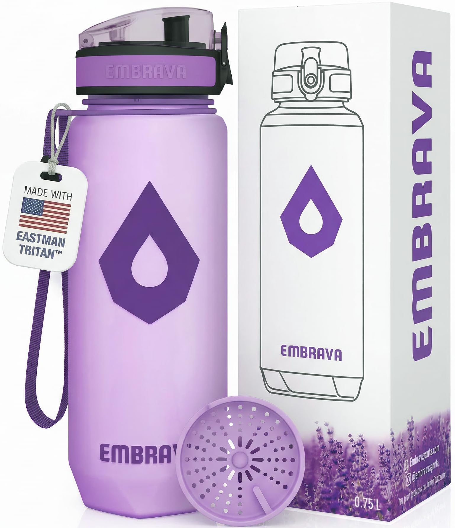 Embrava 24 oz Water Bottle with Time Marker - BPA Free Motivational Sports Bottle - Leak Proof Flip Top Lightweight Tritan Plastic - Gym School Office