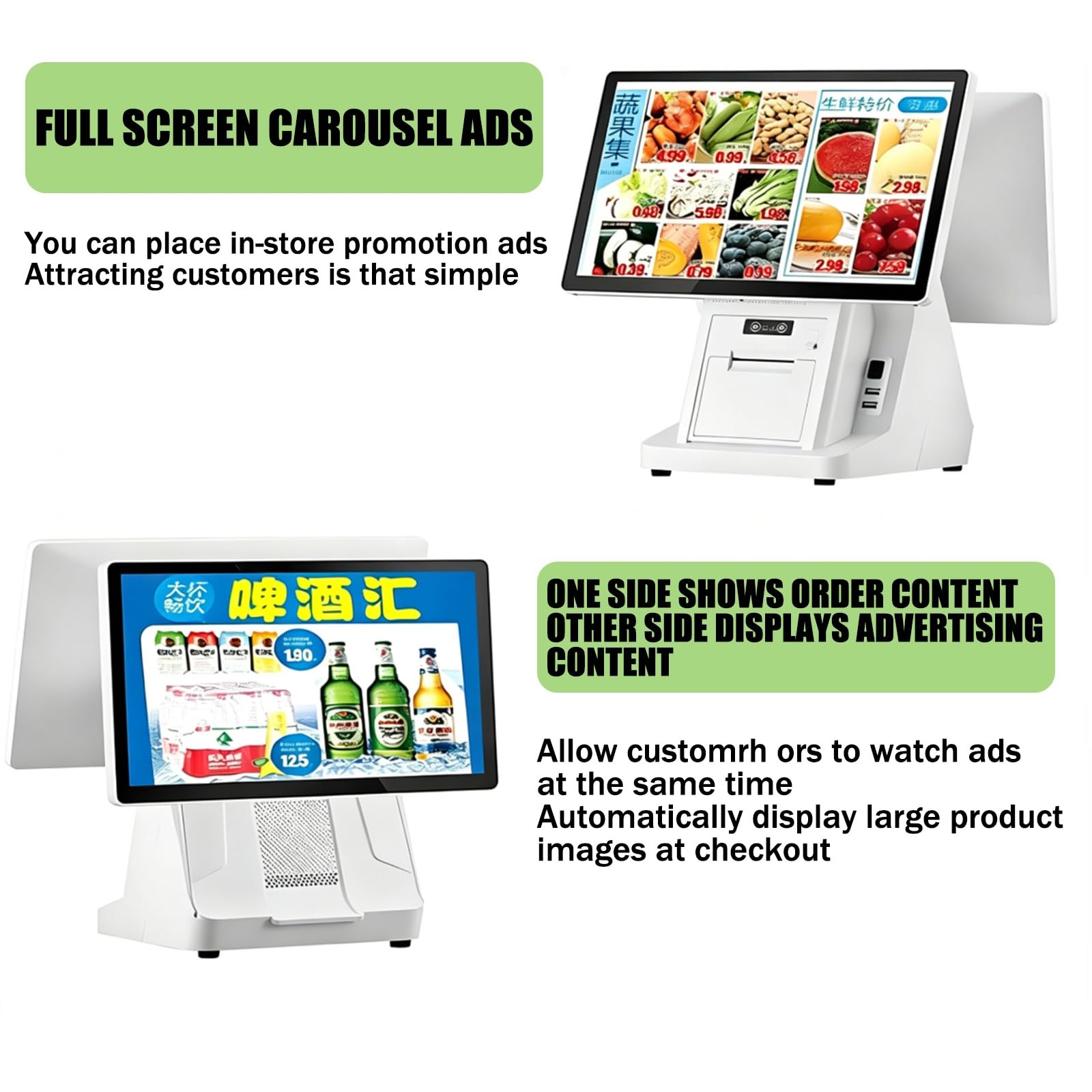 Caisse Enregistreuse Professionnelle,Imprimante Thermique,15,6" Écran Tactile Multi-Angle,8G+128Go + Processeur Dual-Core,Supermarché/Café Double