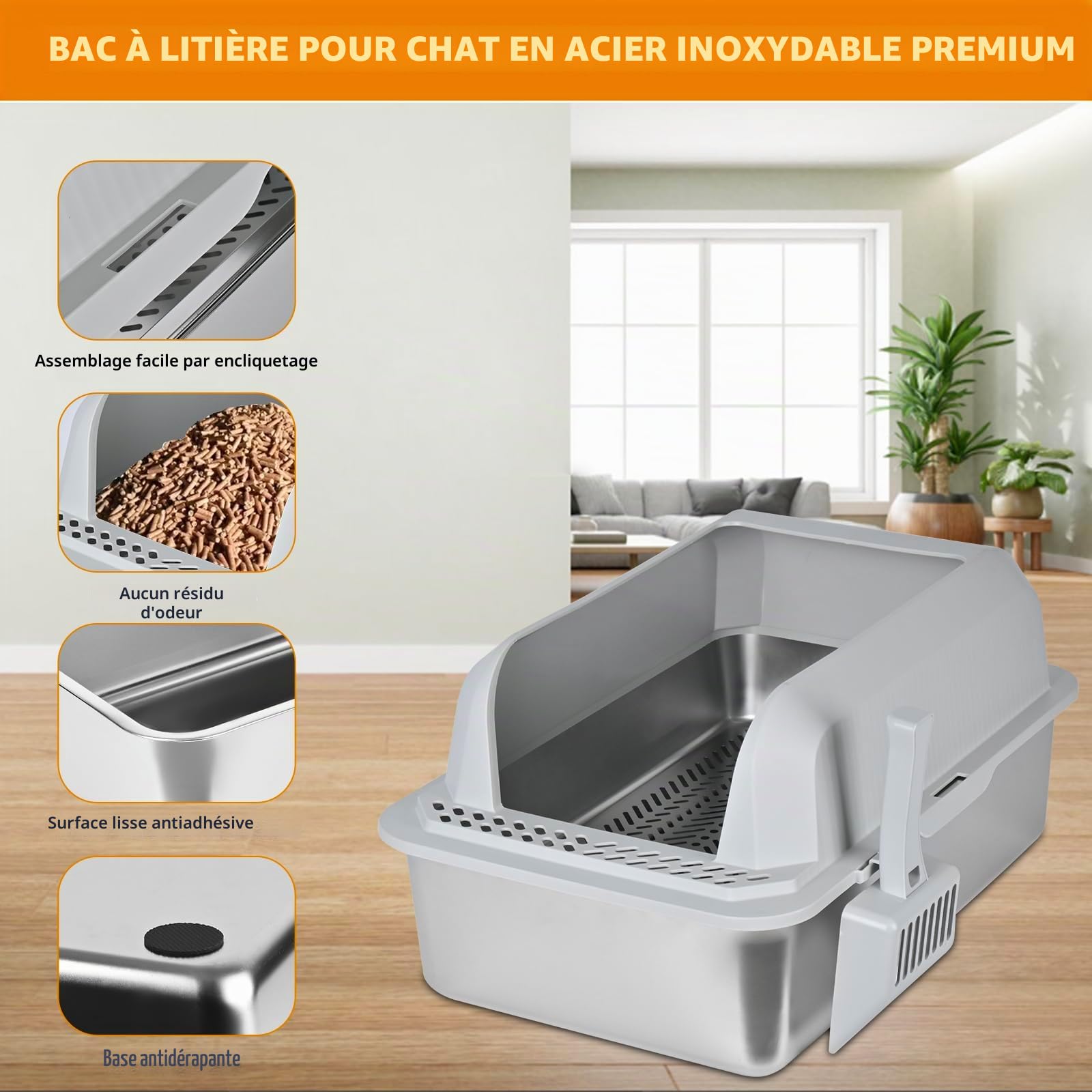 Homegroove Bac à litière en acier inoxydable pour granulés de pin, 23,6 x 15,7 x 14 pouces XXL bac à litière en métal avec couvercle pour chat intérieur tamis à granulés bac à litière avec pelle en