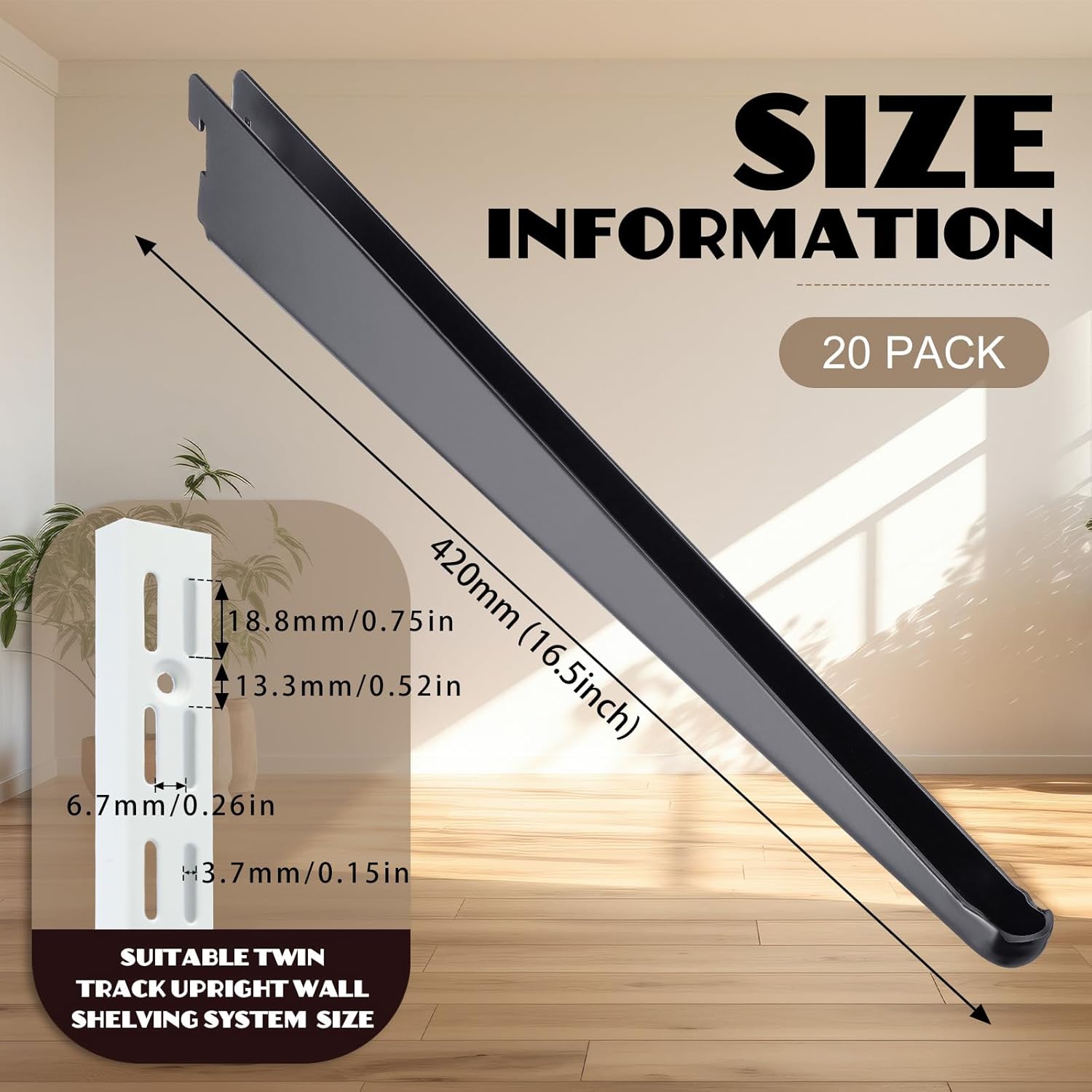 20 Pcs Adjustable Shelf Brackets for Double Track System Closet Organization Heavy Duty Wire Shelf Brackets(Black,16.5 Inch)