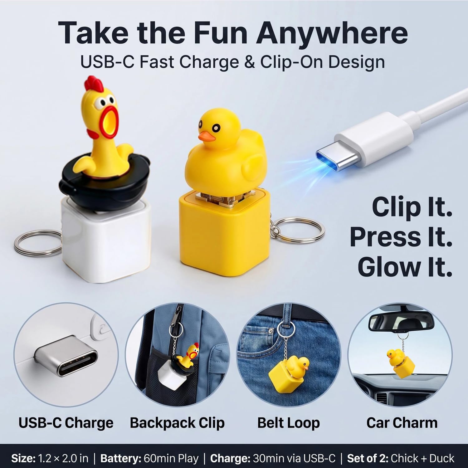 Fidget Keyboard Clicker Keychain 2-Pack, Duck & Chicken Sound Press Sensory Toy with LED Light Up, Rechargeable Type-C Anxiety Stress Relief Desk Toy for Kids, Portable Travel Gift for Office Worker image 4