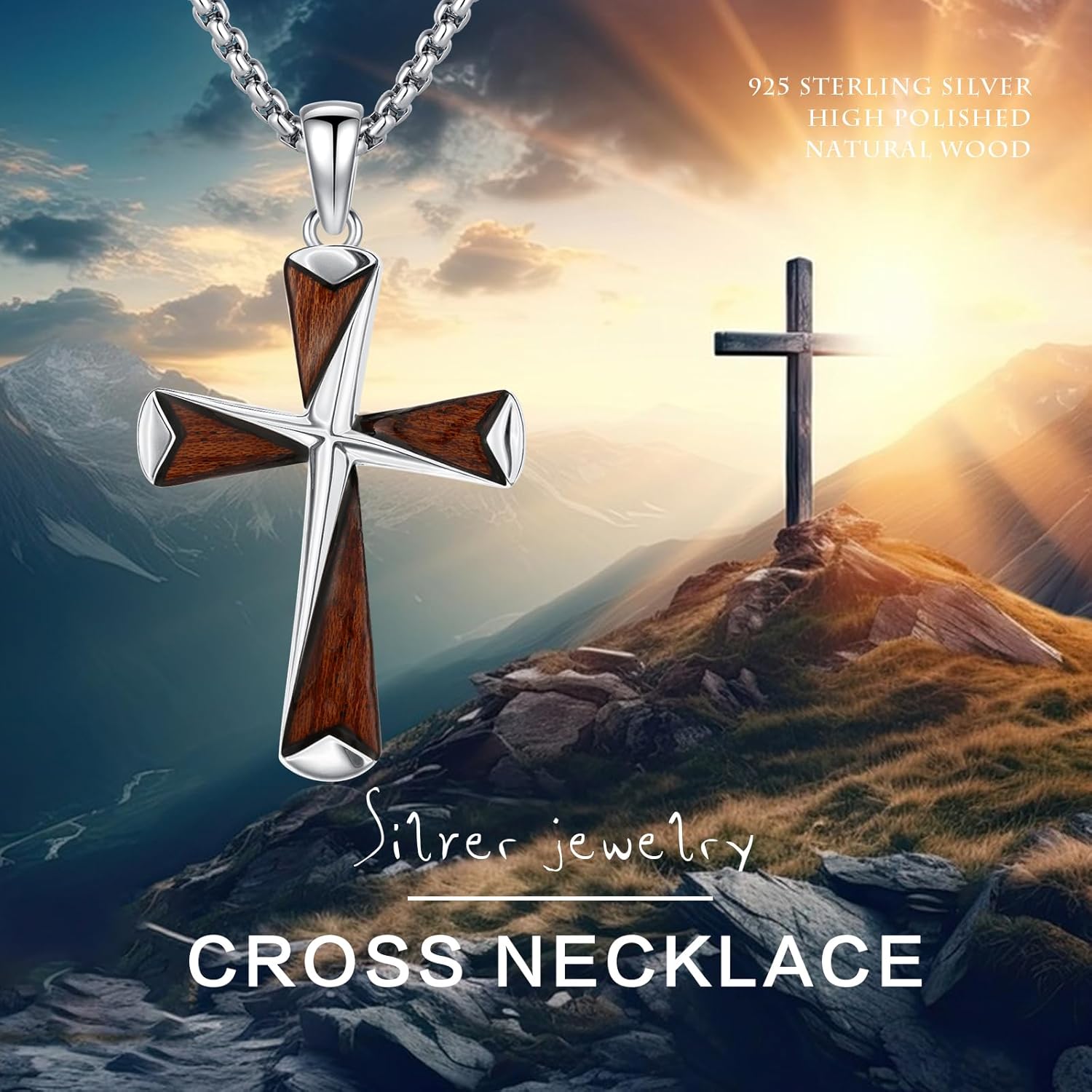 MEDWISE Wooden Cross Necklace Black/Silver/Gold for Men S925 Sterling Silver Real Natural Ebony Wood Cross Pendant Cross Necklaces Protection Jewelry for Men Women Wife Husband Friend Birthday Gifts