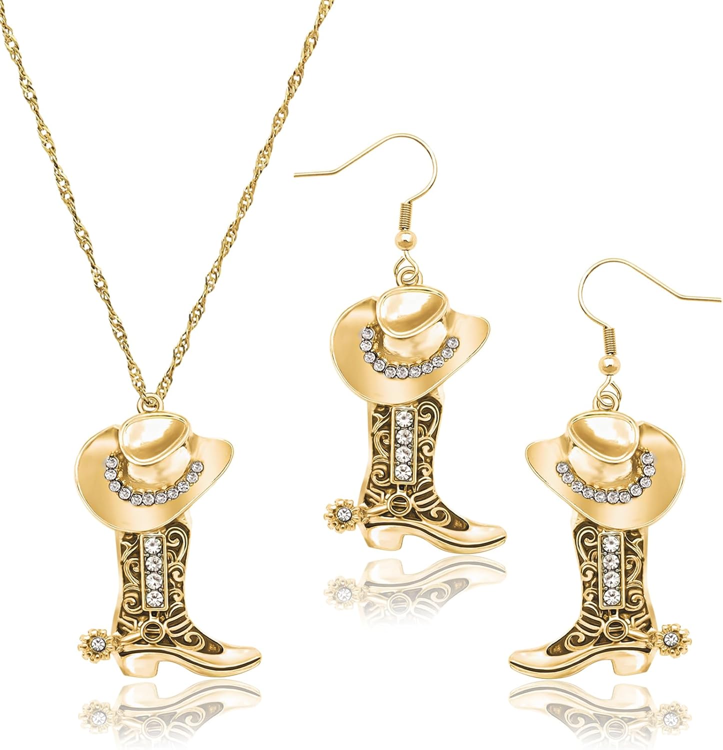 RechicGu 2 Pcs Western Cowgirl Hat Boots Earrings Necklace Jewelry Set Sparkly Cowboy Chic Boot Earrings Twist Link Chain Cowboy Necklace Dainty Rodeo Accessories for Ladies Country Concert Outfits - Image 2
