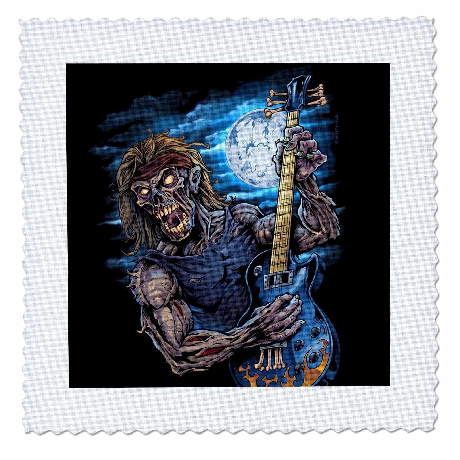 10x10 inch Quilt Square - Zombie Rocking Out with Guitar Under Full Moon Zombie, Rocker, Character, Illustration