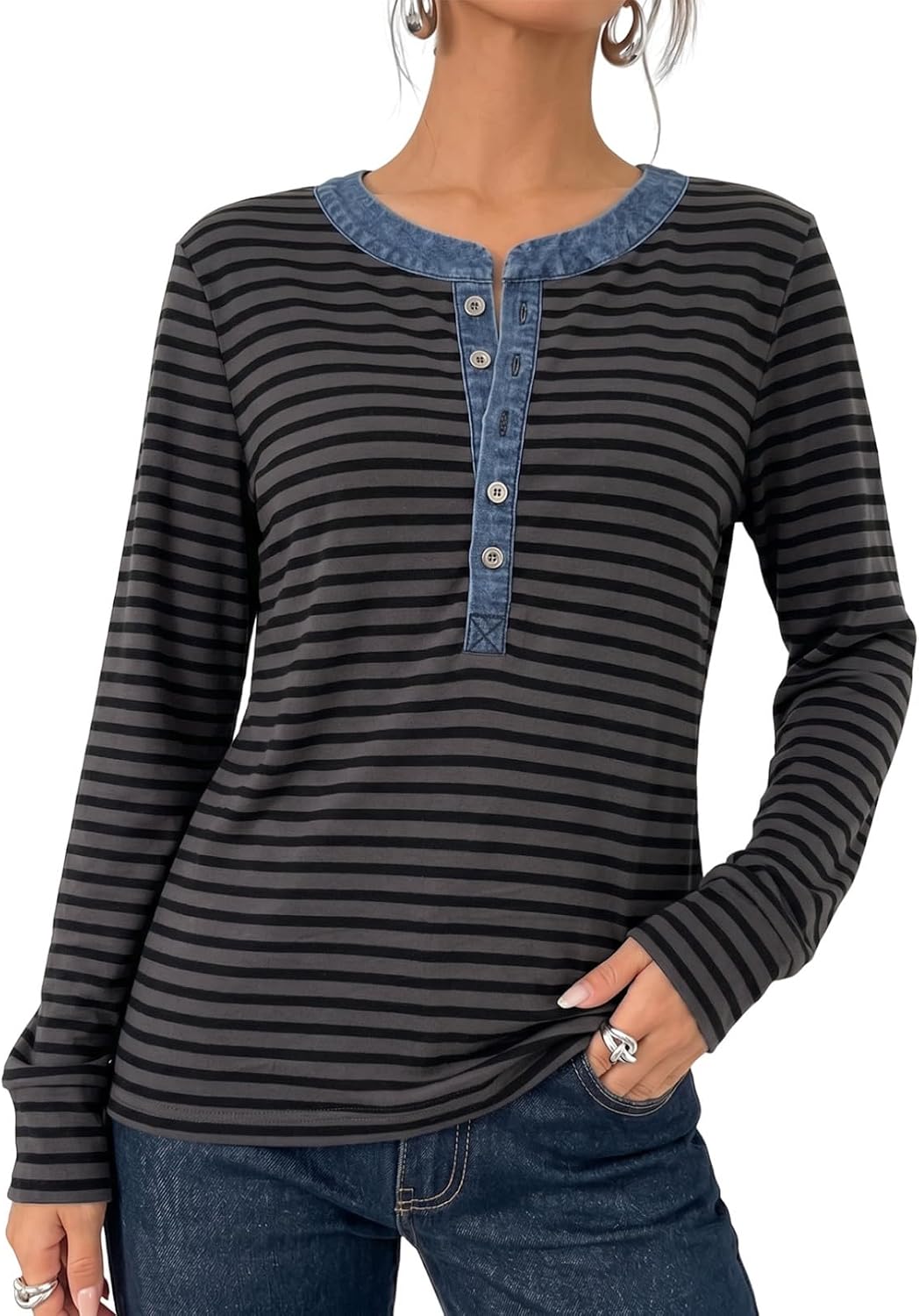 Dokotoo Long Sleeve Shirts for Women Crewneck Slim Fit Striped Womens Blouses Dressy Casual Stretchy Button Down Tops