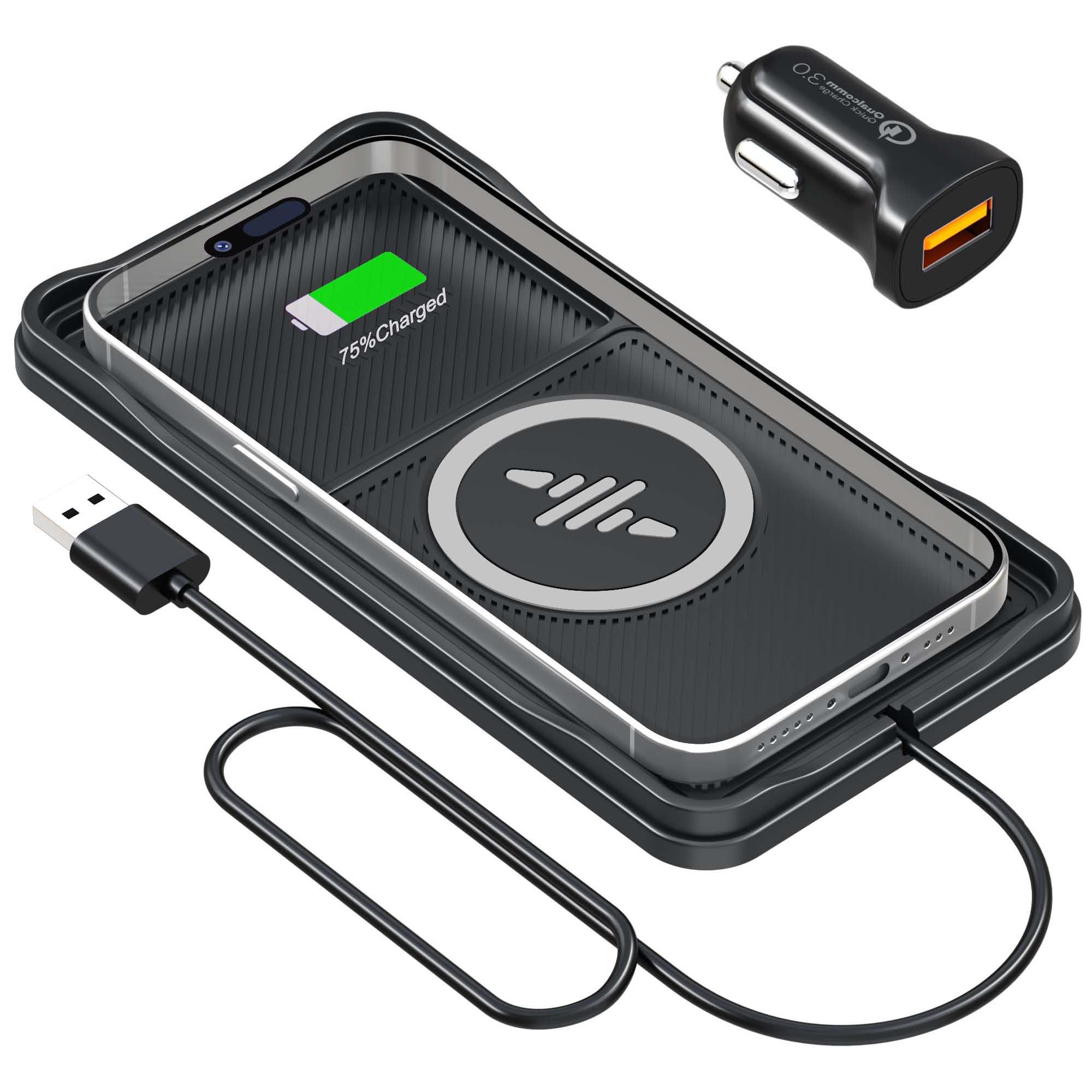 Photo 1 of Wireless Car Charger Pad, LANSEMKU 15W Fast Wireless Charging Pad for Car, Non-Slip Smart Safe Phone Charger Mat with 20W Car Adapter, Compatible with iPhone 16 15 14 13 12 Pro Max AirPods, 30CM Cable