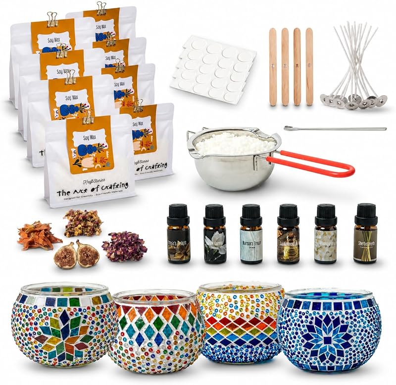 KRAFTSTORIES Candle Making Kit for Adults – DIY Candle Making Set with Natural Soy Wax, Wicks, Essential Oils, Dried Flowers & 4 Turkish Mosaic Glass Jars – Handmade Arts & Crafts Complete Gift (4)