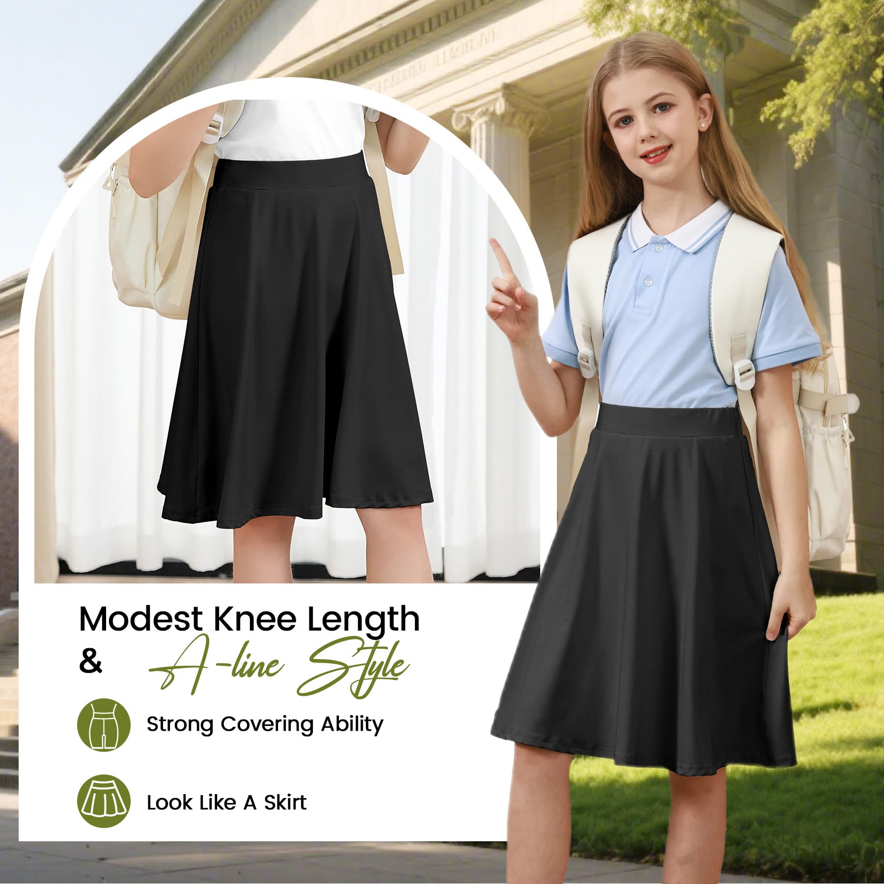 Zando Falda pantalón hasta la rodilla para niñas, falda acampanada con pantalones cortos, faldas uniformes para el regreso a clases, para jugar, talla 6-14