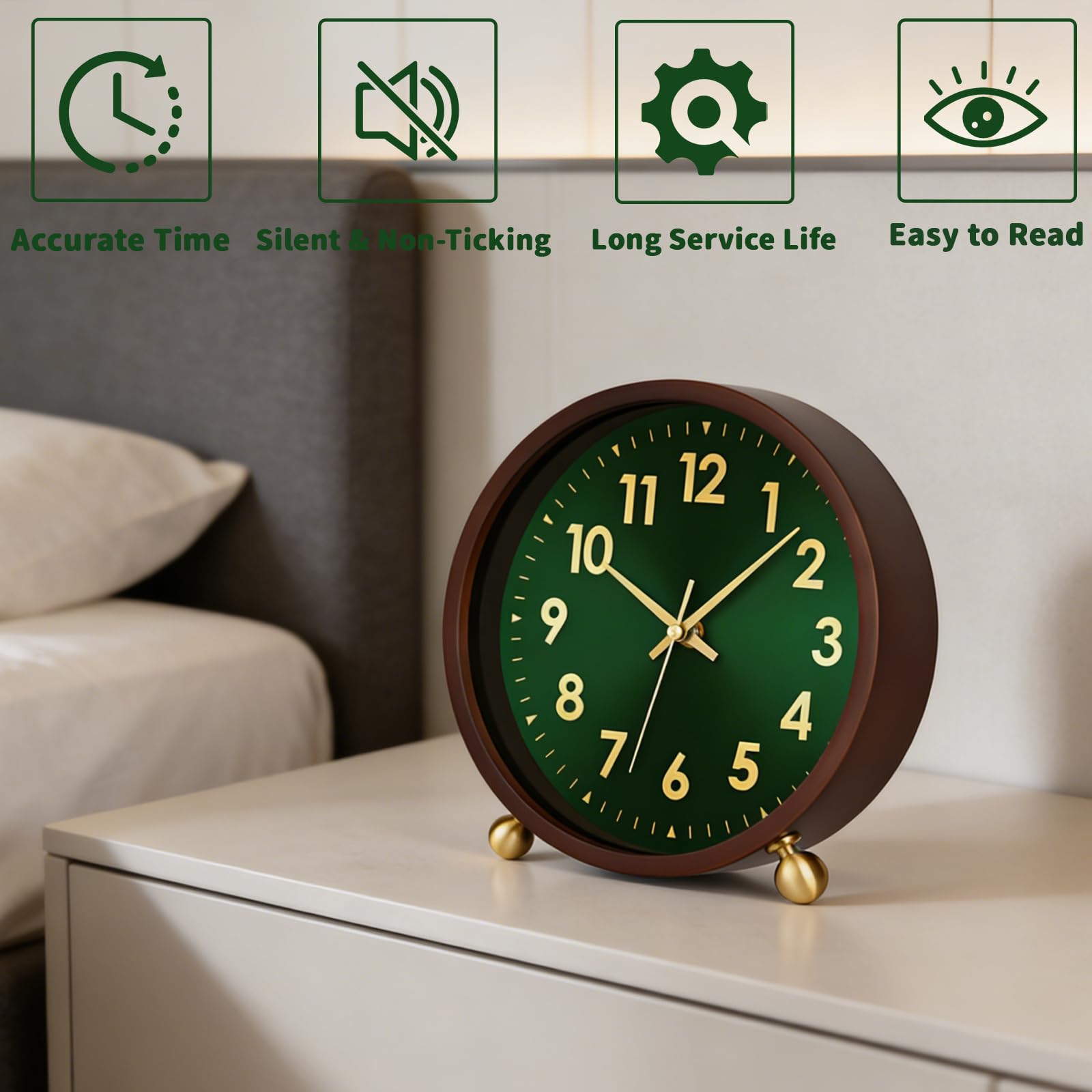 Maxspace Tischuhr aus Holz, 20,3 cm, leise, nicht tickende Schreibtischuhr mit goldfarbenem Kugelsockel, batteriebetriebene analoge Desktop-Uhr für Wohnzimmer, Büro, Schlafzimmer, Dekor (Grün-Gold