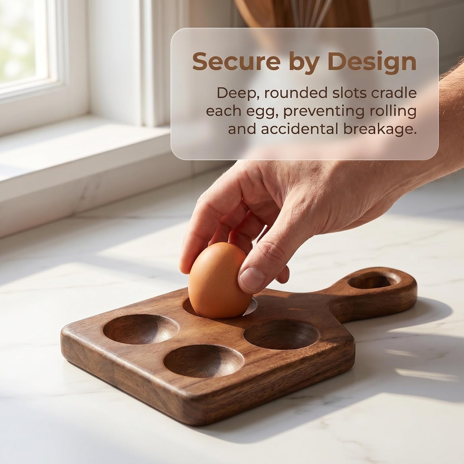 Beech Wood Egg Tray, Smooth Wooden Egg Holder Handcrafted Kitchenware Egg Organizer for Fridge, Countertop, Pantry, Cafe, Restaurant, 4-Grid Acacia Wood Egg Holder with Handle