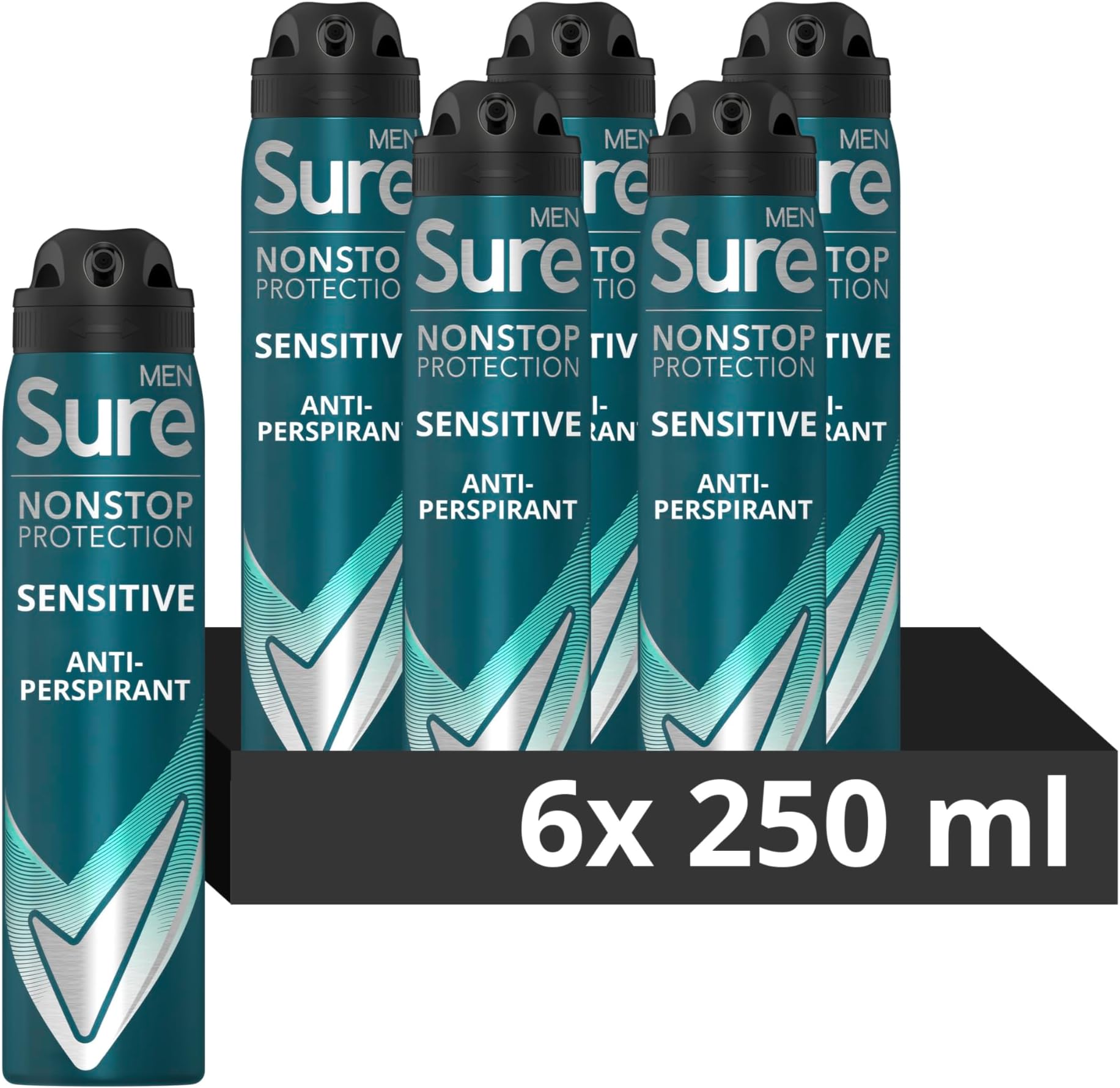Sure Men Nonstop Protection Sensitive Deodorant Body Spray Antiperspirant with a clean fragrance & body heat activated technology for 72 hour odour and sweat protection 250 ml, Pack of 6